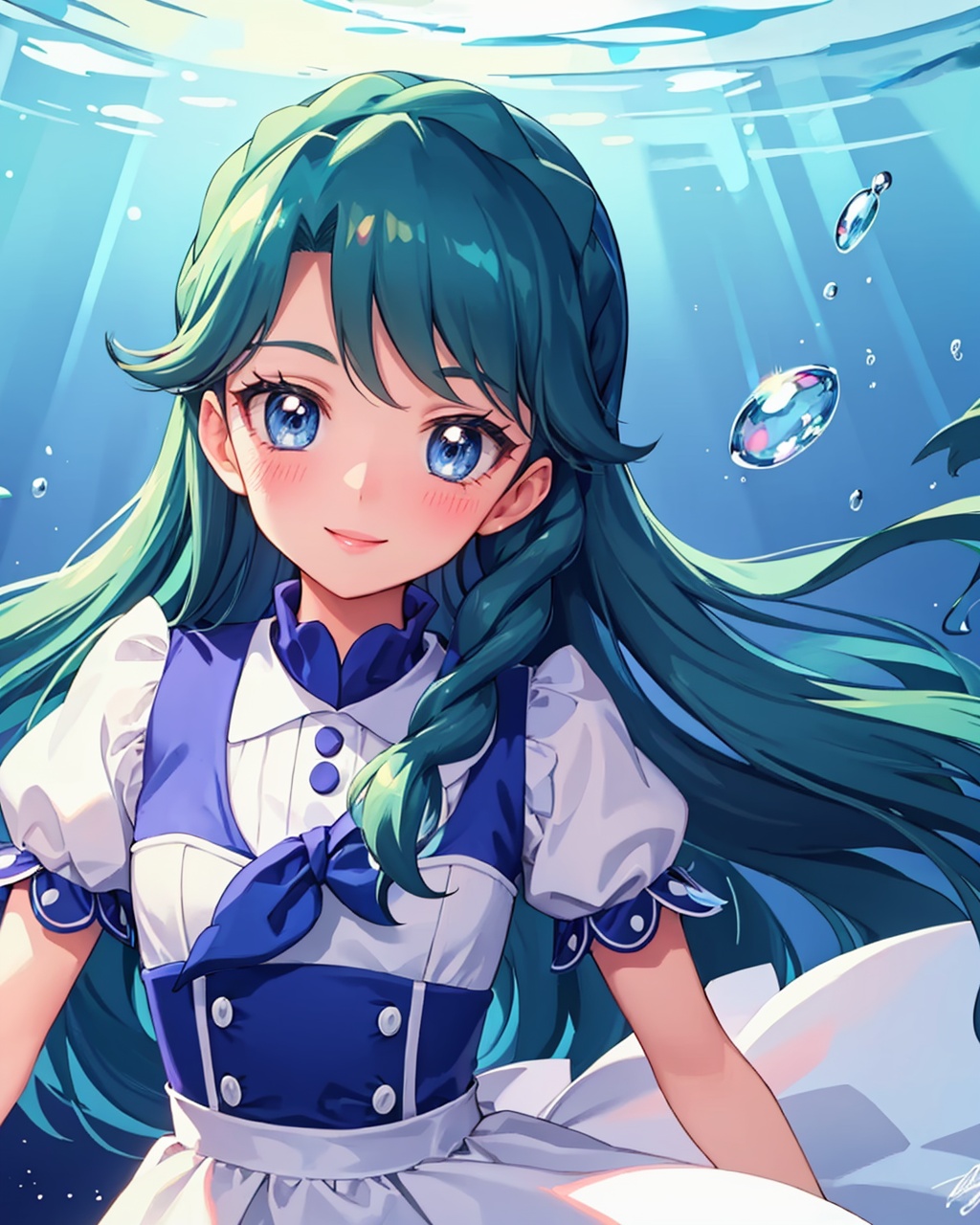 masterpiece,best quality, highly detailed, kaidou minami,1girl, pokemon (creature), smile, underwater, braid, signature, blush, air bubble, dress, water, crossover,<lora:kaidou_minami:1>