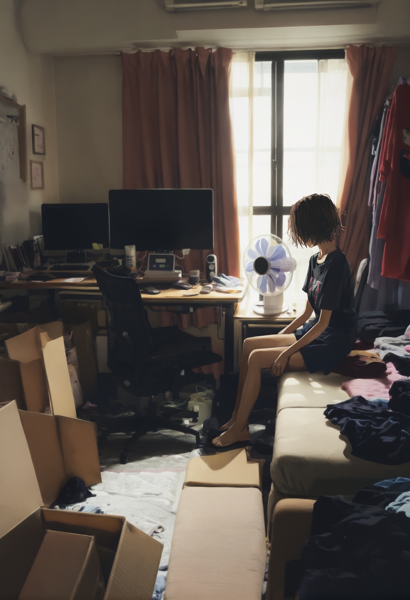 masterpiece, best quality,1girl, electric fan, solo, short hair, indoors, sitting, messy room, chair, window, curtains, cardboard box, bed, hand fan, bedroom, box, desk, computer, brown hair, black hair, office chair, shorts, scenery, air conditioner  <lora:GUXLlokr8f-000183:0.95>