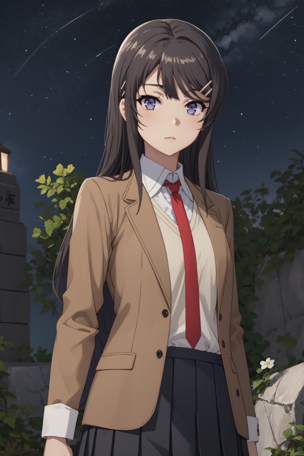 <lora:Mai-000010:0.8>,Mai CYQL,1girl,looking at viewer,solo,black_hair,long_hair,hairclip,hair_ornament,purple eyes,school_uniform,brown_jacket,shirt,white_shirt,necktie,skirt,pleated_skirt,pantyhose,black_pantyhose,loafers,brown_footwear,;d,portrait,Rocks, Desert, Formations, Sandstone, Erosion, Colors, Arid, Silence,(Ancient oaks, Moss-covered branches, Sun-dappled forest floor, Enchanted atmosphere, Forest spirits, Timeless beauty:0.5),beautiful detailed sky,beautiful detailed glow,posing in front of a colorful and dynamic background,masterpiece,best quality,beautiful and aesthetic,contrapposto,female focus,wallpaper,