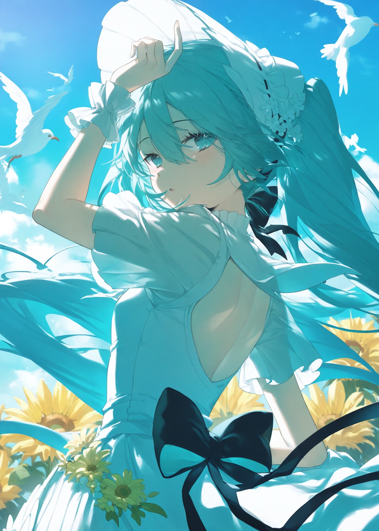 masterpiece,absurdres,best quality,petite,high quality,//,1girl,hatsune_miku,solo,bird,twintails,white_headwear,long_hair,bow,aqua_eyes,looking_at_viewer,aqua_hair,back_bow,flower,sky,sunflower,very_long_hair,bonnet,dove,white_bird,dress,yellow_flower,wrist_cuffs,open_mouth,backless_outfit,hair_between_eyes,looking_back,short_sleeves,blue_sky,outdoors,backless_dress,seagull,blush,upper_body,white_dress,aqua_theme,arm_up,hand_on_headwear,parted_lips,cloud,floating_hair,clothing_cutout,back_cutout,from_behind,day,ribbon,frills,pigeon,official_alternate_costume,:o,frilled_sleeves,blue_bow,bare_back,small_breasts,breasts,blurry,back,black_bow,blue_eyes,high_collar,animal,hat,blue_hair,//,<lora:konya_karasue2——【CKXL】hans:1>,