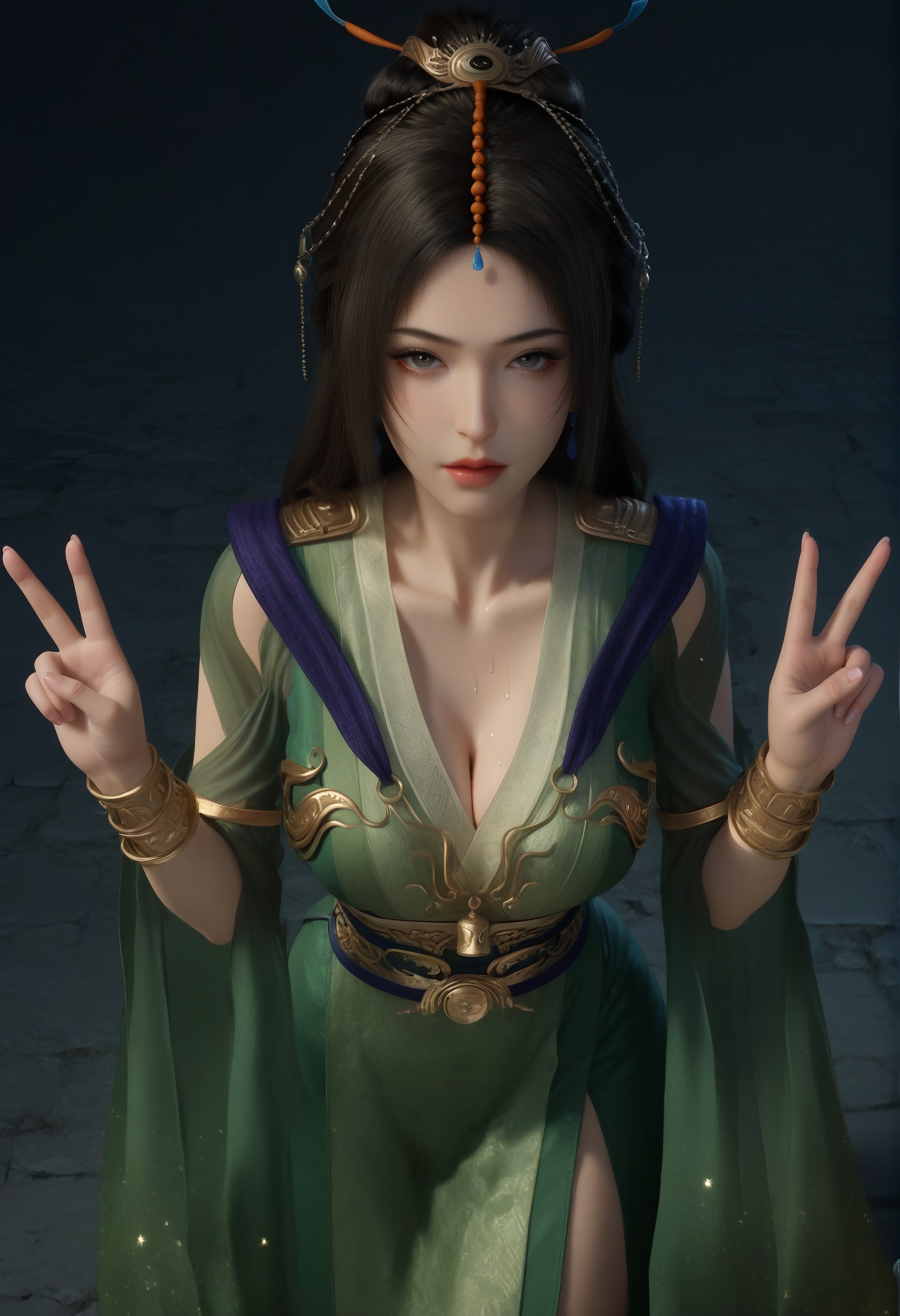 (score_9),<lora:柳玉-apony:0.83>,liuyu,1girl,solo,long hair,hair ornament,single hair bun,black hair,earrings,traditional dress,green_traditional dress,armlet,jewelry,waistband,chest bell,bracer,gold,see-through sleeves,mature_female,collarbone,pointy breasts,puffy breasts,(large teardrop breasts),teardrop breasts,teardrop breasts,cleavage,BREAK<lora:Expressive_H-000001:0.8>,light blush,Expressiveh,looking at viewer,front view,standing,(double v),from above,dutch angle,dynamic_angle,<lora:皮肤凹痕:1.2>,fair_skin,(pale skin),(sweaty_skin),BREAKsimple background,<lora:e色温:-0.25>,sparkle,4K ultra HD,sharp focus,high detail,high contrast,