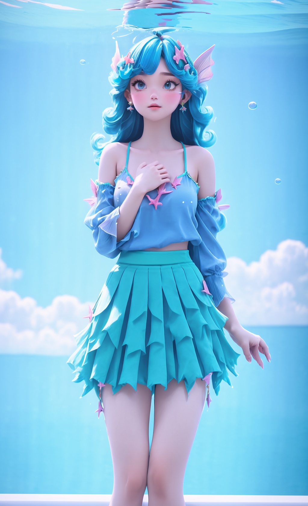 (1girl),smooth chin,masterpiece,detailed face,((hair ornament)),top quality,4k,make up,best quality,alone,single,solo,only one,one character,blush,(body blush),(detached sleeves),earrings,(blue hair),under water,(head fins),long hair,(from below),ocean,(puffy hair:1.13),head wings,frilled skirt,frilled clothes,model,looking at viewer,Cute Women,frilled shirt,bubble skirt,green skirt,full body,(detached shirt),bandeau,blue skirt,(Prayer with both hands),Masterpiece, the best quality,(The best hand)