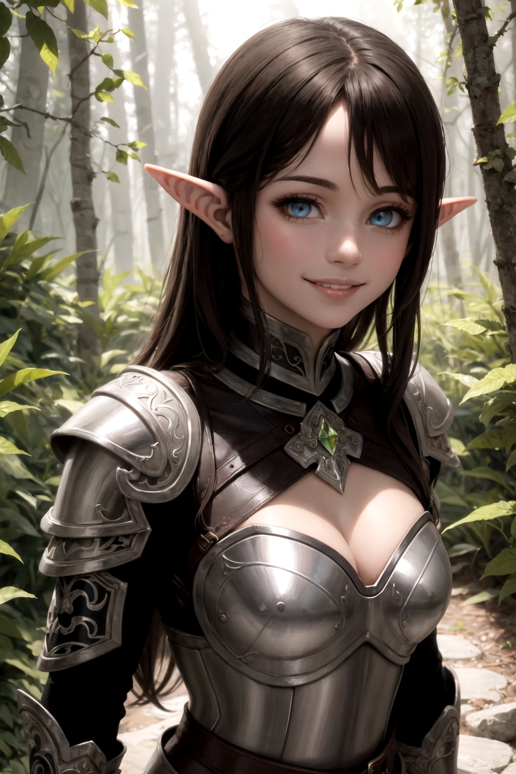 stealthy brunette elf,  beautiful symmetrical eyes,  flirtatious smile on Tensor.Art