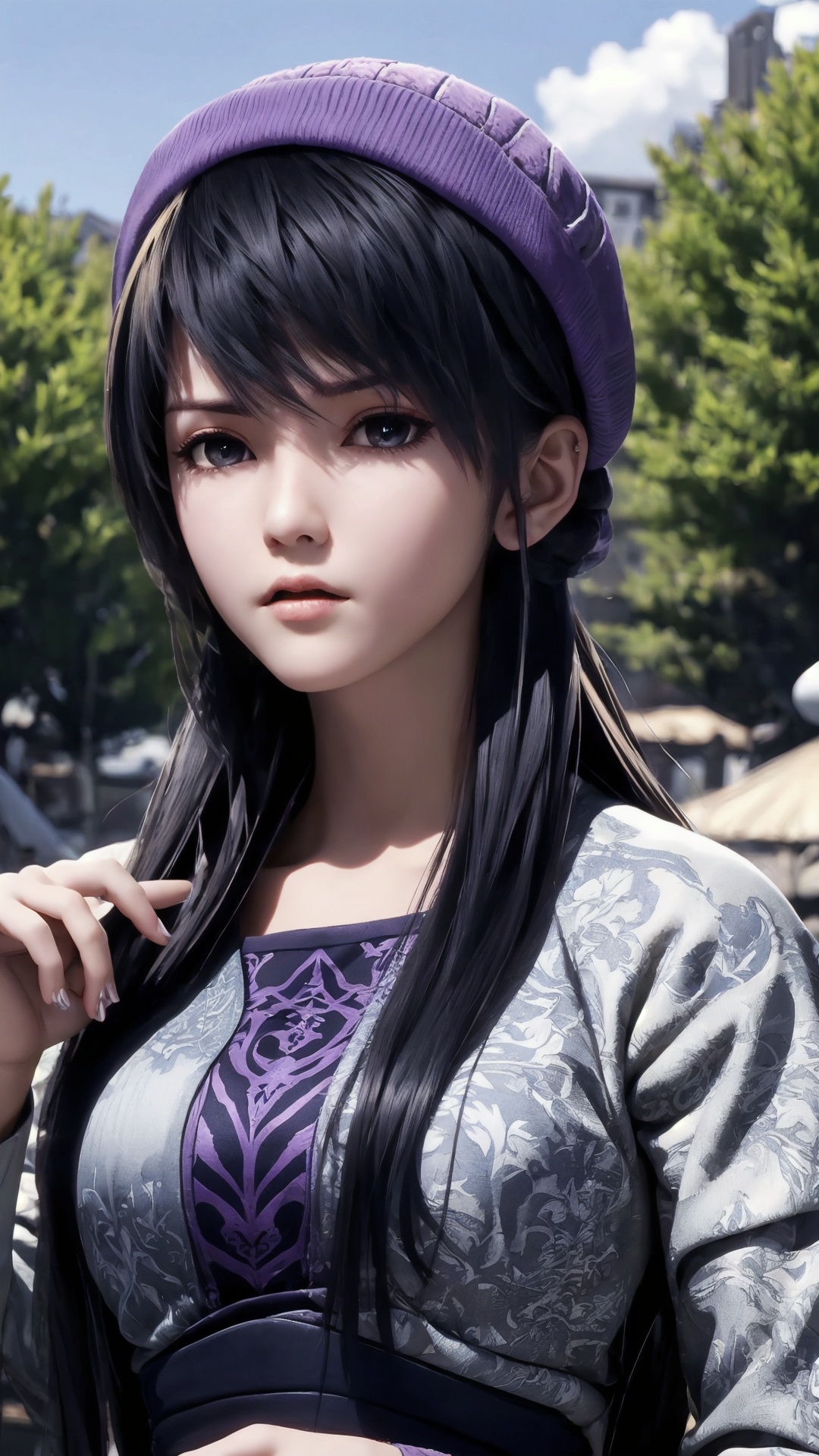 The image is a close-up portrait of a young woman with dark hair and a purple hat. She is wearing a black and gold outfit with intricate patterns and designs. The woman is holding a sword in her right hand and appears to be ready for battle. She has a serious expression on her face and is looking directly at the camera. The background is blurred,but it seems to be an outdoor setting with trees and a blue sky. The overall mood of the image is intense and dramatic.,<lora:1.5端木蓉(5):0.8>,