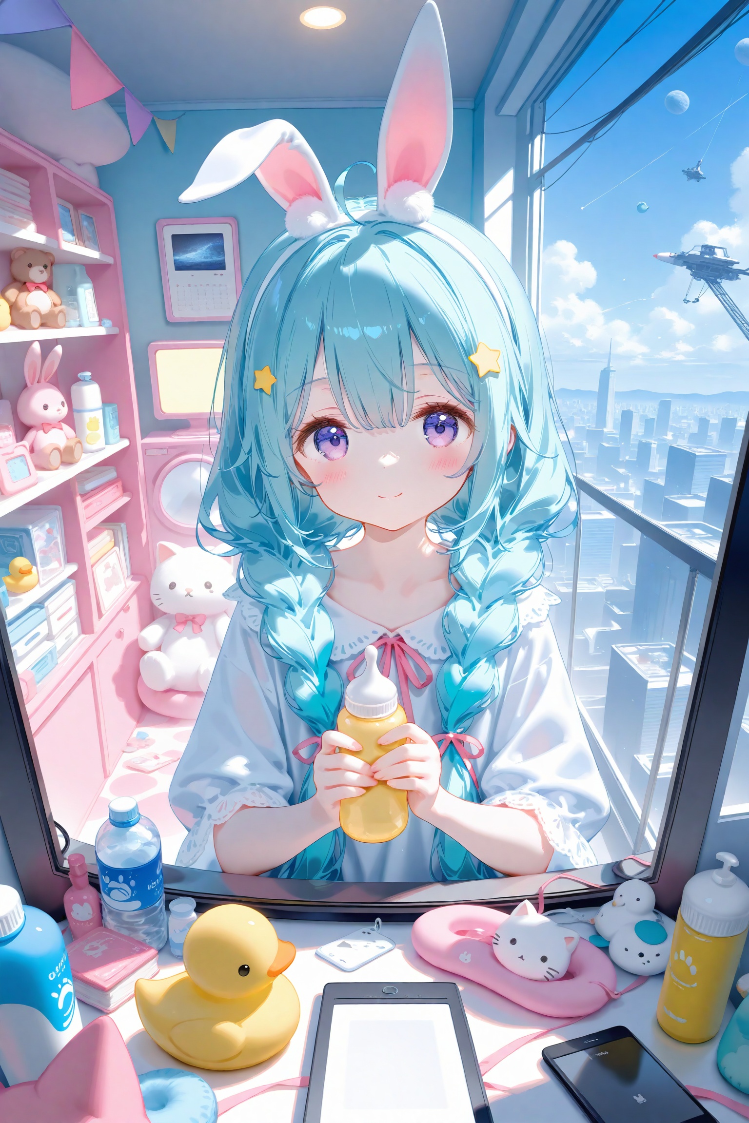 masterpiece,very aware,highres,absurdres,newest,best quality,loli,petite,high quality,chromatic_aberration,cinematic_angle,dutch angle,//,artist:ciloranko,artist:ningen_mame,artist:sho_(sho_lwlw),artist:rhasta,artist:wlop,artist:ke-ta,artist:hiten \(hitenkei\),//,1girl,smile,star (symbol),fisheye,star hair ornament,bottle,animal ears,stuffed toy,looking at viewer,rabbit ears,long hair,stuffed animal,solo,blue hair,multicolored hair,hatsune miku,hair ornament,blue eyes,closed mouth,from above,blush,hair between eyes,pink hair,twin braids,stuffed rabbit,braid,fake animal ears,two-tone hair,window,indoors,water bottle,rabbit,twintails,pastel colors,collarbone,blurry,shelf,loaded interior,aqua hair,monitor,ice cream,looking up,very long hair,depth of field,hairband,animal,stuffed penguin,pov,holding,city,day,phone,cup,ahoge,ufo,light blue hair,baby bottle,streaked hair,cityscape,bag,book,drinking straw,swim ring,cellphone,photo (object),sitting,rocket,food,rubber duck,cat,innertube,ribbon,upper body,blurry foreground,purple eyes,smartphone,white hairband,pale color,drink,sky,soap bottle,open window,spacecraft,television,clock,rainbow,messy room,cloud,penguin,perspective,drawing tablet,crane game,speaker,building,virtual youtuber,hair over shoulder,calendar (object),light blush,shop,can,planet,bird,animal ear fluff,teddy bear,tablet pc,shampoo bottle,skyscraper,stuffed cat,colorful,blurry background,pink ribbon,computer,neon lights,disposable cup,sidelocks,heart,shirt,aircraft,holding bottle,swept bangs,reflection,pennant,blue sky,split mouth,mirror,gradient hair,towel,cherry,