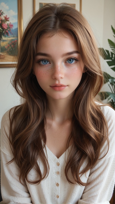 score_9, score_8_up, score_7_up, realistic,room, 1girl, blue eyes, brown hair, looking at viewer, long hair, freckles