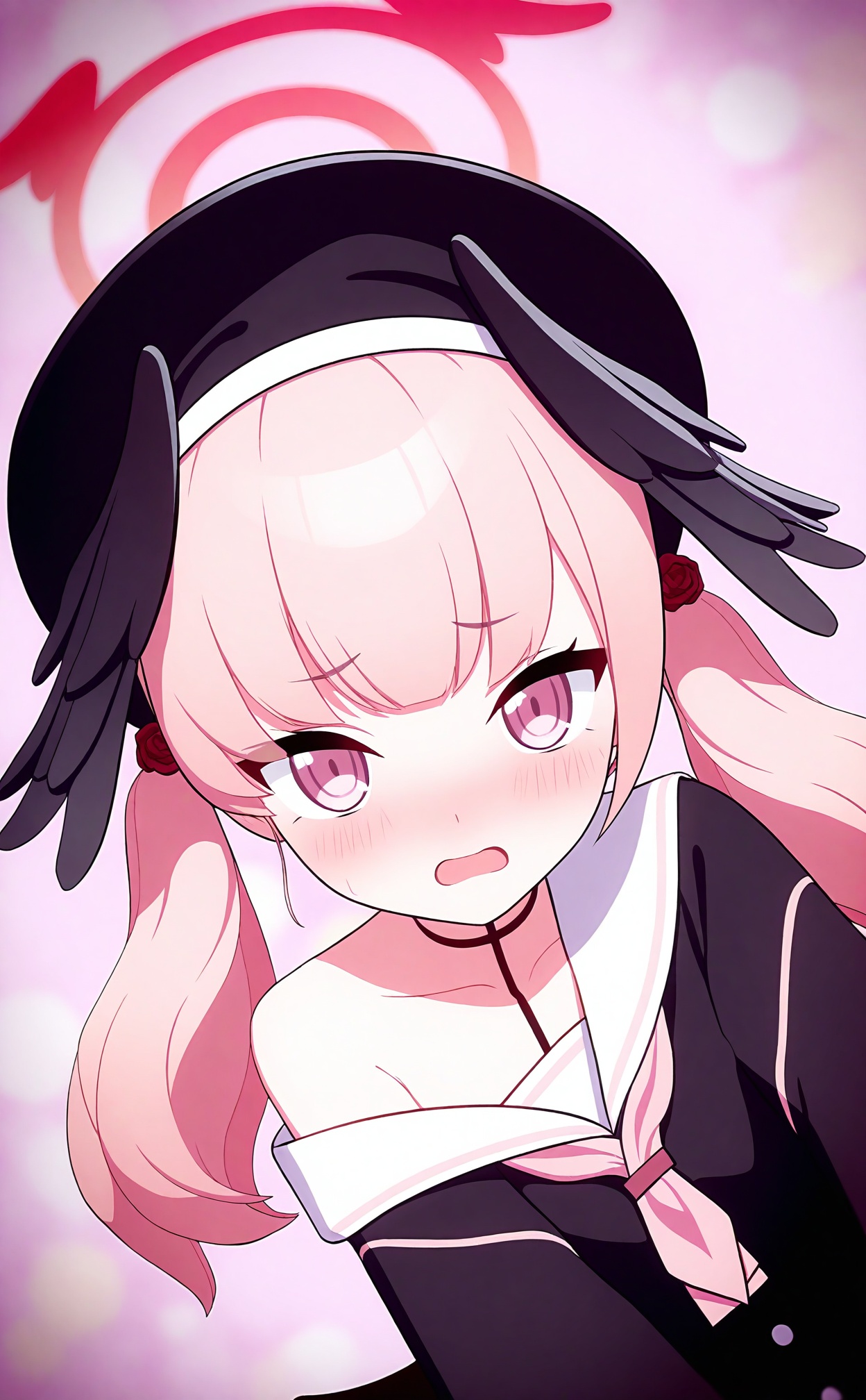 masterpiece,absurdres,best quality,loli,petite,high quality,chromatic_aberration,//,1girl,koharu (blue archive),pink hair,solo,pink eyes,head wings,hat,twintails,wings,pink neckerchief,black headwear,beret,looking at viewer,open mouth,black wings,collarbone,long sleeves,halo,sailor collar,upper body,neckerchief,white sailor collar,blush,long hair,black shirt,off shoulder,shirt,school uniform,winged hat,simple background,feathered wings,pink background,single bare shoulder,//,Depth of field,(colorful),hdr,Tyndall effect,depth of field,Tyndall Effect,blurry,blurry_background,depth_of_field,bokeh,glowing,//,<lora:MMDguangwuran4——【noob】hans:1.2>,