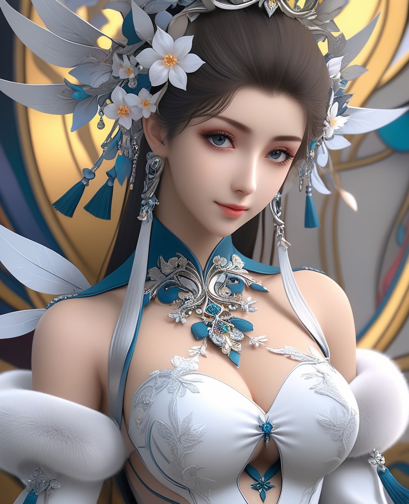 <lora:588-DA-XL-梦塔·雪谜城-白亦君:0.8>(,1girl, ,best quality, ),looking at viewer,,anime,(masterpiece, top quality, best quality, official art, beautiful and aesthetic:1.2), (1girl)	, , (cleavage),extreme detailed,(fractal art:1.3),colorful, flowers ,highest detailed,()    (cleavage), (),