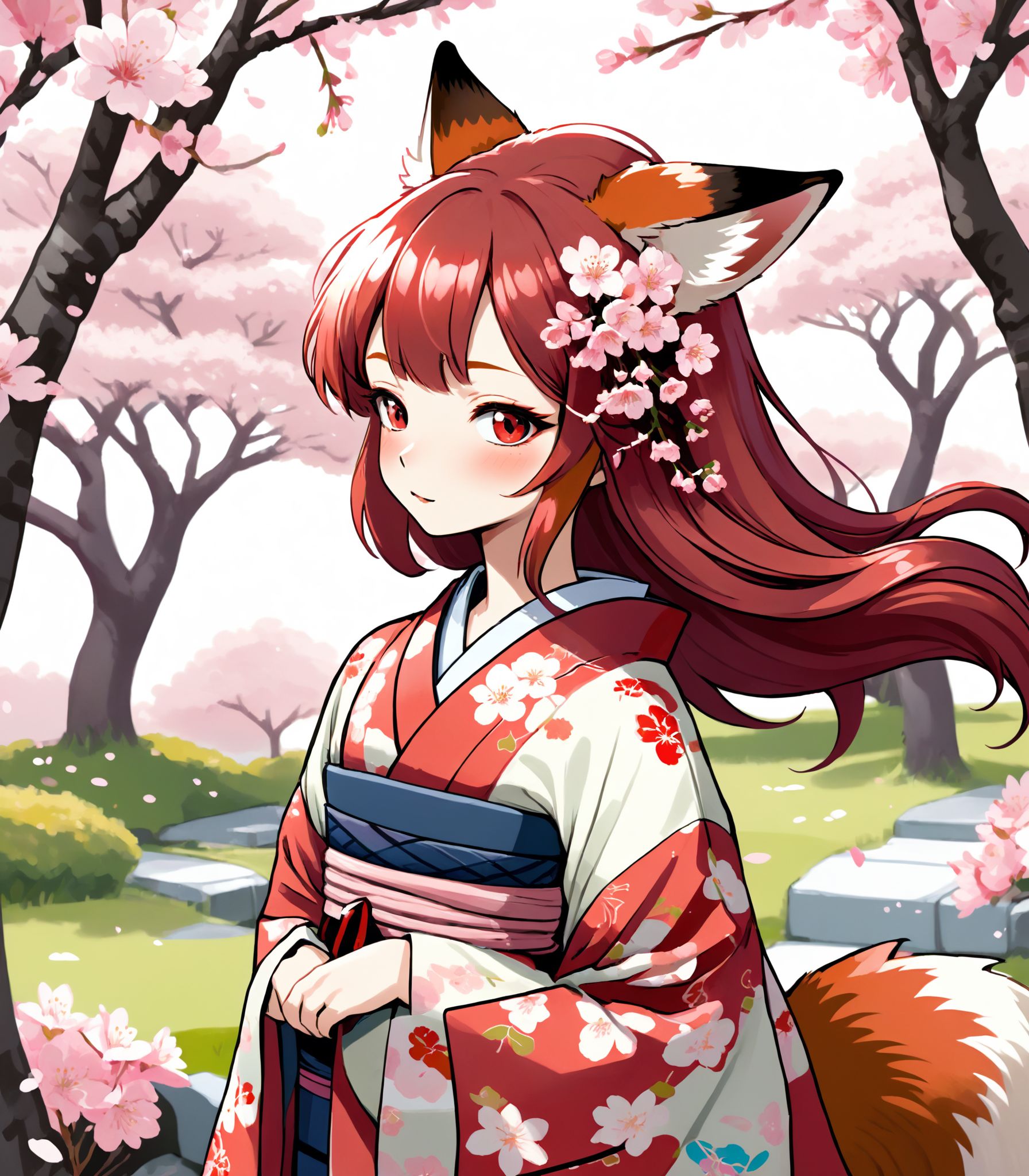 Illustration of a fox girl wearing a traditional Japanese kimono,  with a detailed floral pattern and vibrant colors. Her...