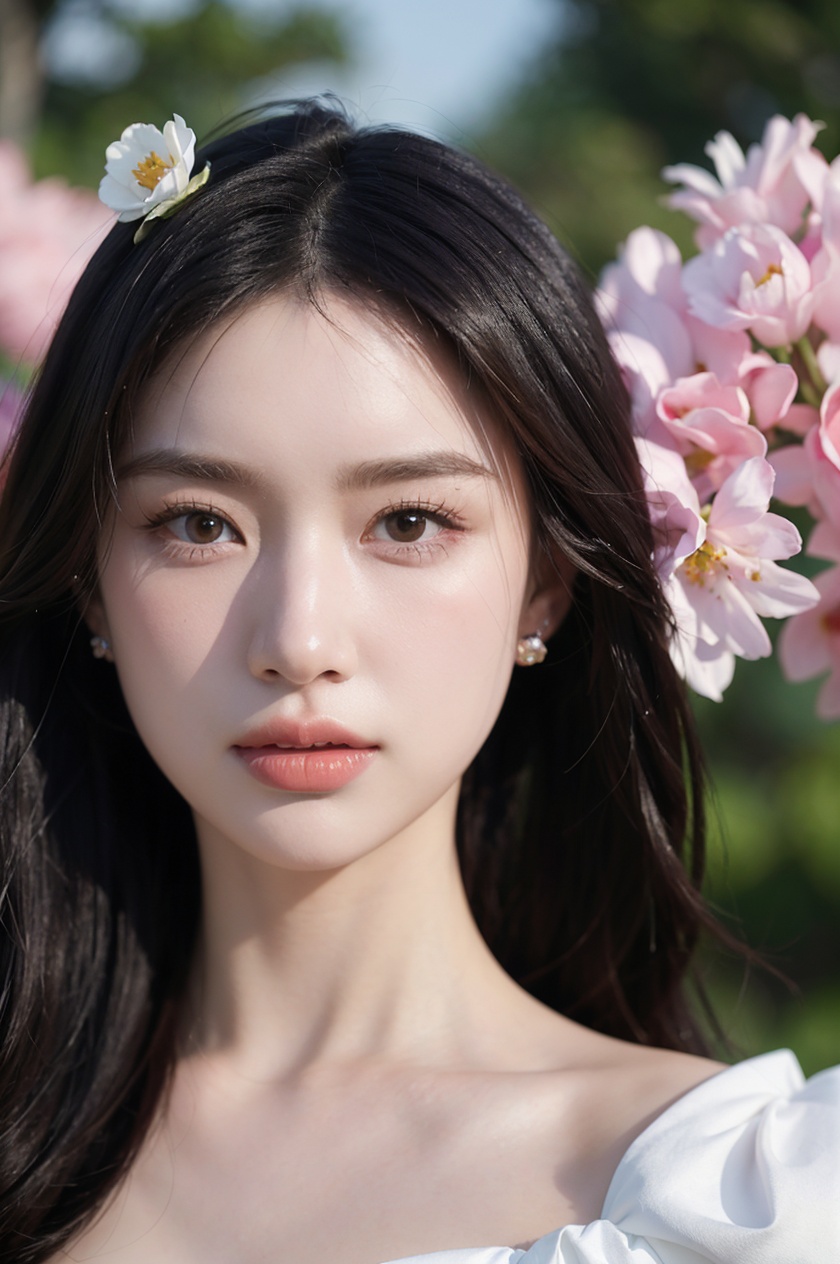 1girl, solo,(front view:1.2),(looking_at_viewer:1.4),(eye-contact:1.4),,black hair, long hair, jewelry, realistic, earrings, hair ornament, black eyes, lips, collarbone, parted lips, flower, watermark, upper body, portrait, hair flower, dress, web address,  <lora:YG红颜阁美女4:0.8>,