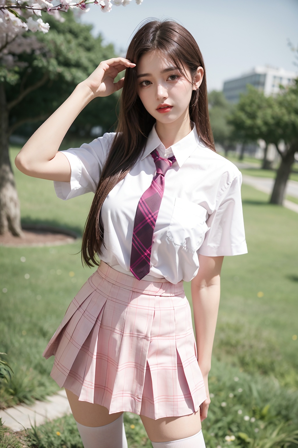 1girl ,upper body,pink plaid skirt, necktie,white short sleeve shirt,white thighhighs ,Cherry trees,outdoors,pink plaid skirt,necktie,white short sleeve shirt,white thighhighs