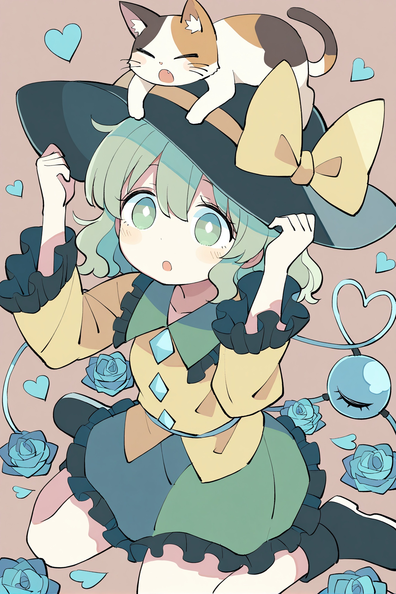 loli,(masterpiece,best quality,highres,absurdres,best quality,amazing quality,very aesthetic,absurdres),1girl, blue flower, komeiji koishi, blue rose, frills, green skirt, skirt, hat, rose, flower, shirt, heart, cat, third eye, green eyes, black headwear, heart of string, long sleeves, solo, animal on head, yellow shirt, wide sleeves, frilled sleeves, on head, green hair, hat bow, bow, frilled skirt, open mouth, frilled shirt collar, ribbon, sitting, black footwear, yellow ribbon, boots, yellow bow, hat ribbon, full body, diamond button, wariza, blouse, buttons, wavy hair, medium hair, cat on head, calico, blush, bright pupils, simple background, short hair, collared shirt, hands on headwear, eyeball, hair between eyes, animal, white pupils, :o, brown background, hands up