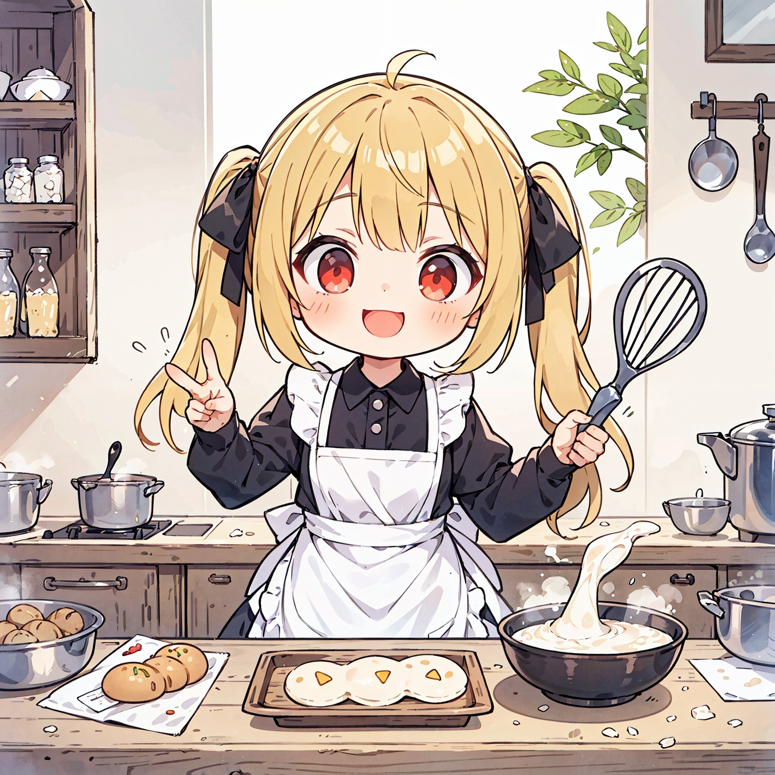 1girl,best quality,masterpiece,cute:1.2,yellow hair,red eyes,twintails,solo,white frilled collared dress,black ribbon,bangs, the angle next door,gentlely,beautiful,neighbor girl,a heartwarming smile,dynamic angel, dynamic pose,cooking breakfirst sweets,milk,dough,whisk,((apron)),worktop