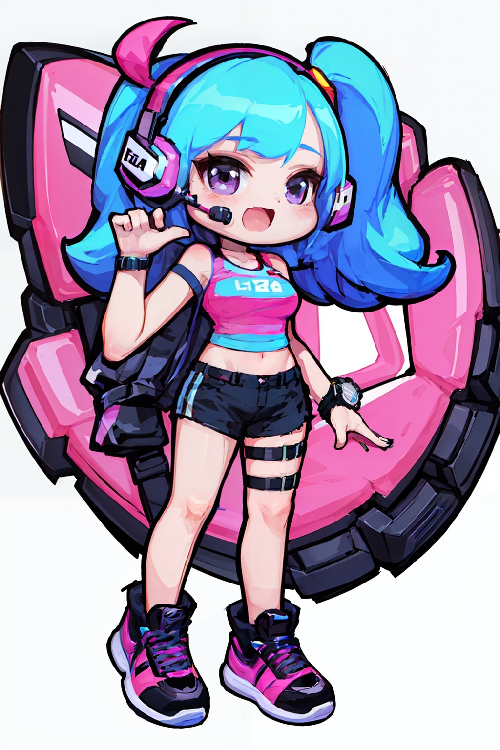 PD_meichao(style),1 lively and cute girl,e-sports clothing,headset,whole body,standing,whole body,raised hands,watch,pink sneakers,summer limited edition,thick graffiti style lines,(white background:1.3),<lora:PD_meichao_v1-000022:0.7>,