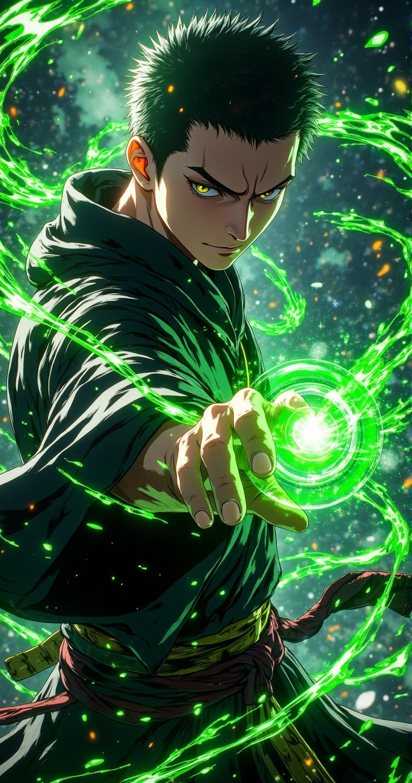 colorful,an extremely handsome young man wearing black robe,using magic power,(casting glowing Chinese magic spell:0.7),(glowing green Chinese texts:0.8),VFX,(glowing energy fluid:0.8),special effects,(glowing energy effects:0.8),(glowing green magic effects:0.8),dynamic movements,highly detailed,32K UHD,best quality,masterpiece,close-up,upper_body,game cg,Cinematic Lighting,reality,realistic,boy