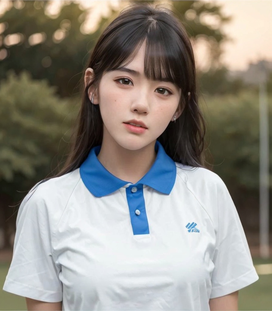 NSFW, Best quality, masterpiece, ultra high res, RAW photo, (photorealistic:1.4), 1girl, <lora:jcly:0.6> (detailed face:1.2), in (white shirt with blue collar) <lora:SZuniform:0.4> (fit body, narrow waist), long hair, in the sport field, bokeh, beautiful lighting, model posing 