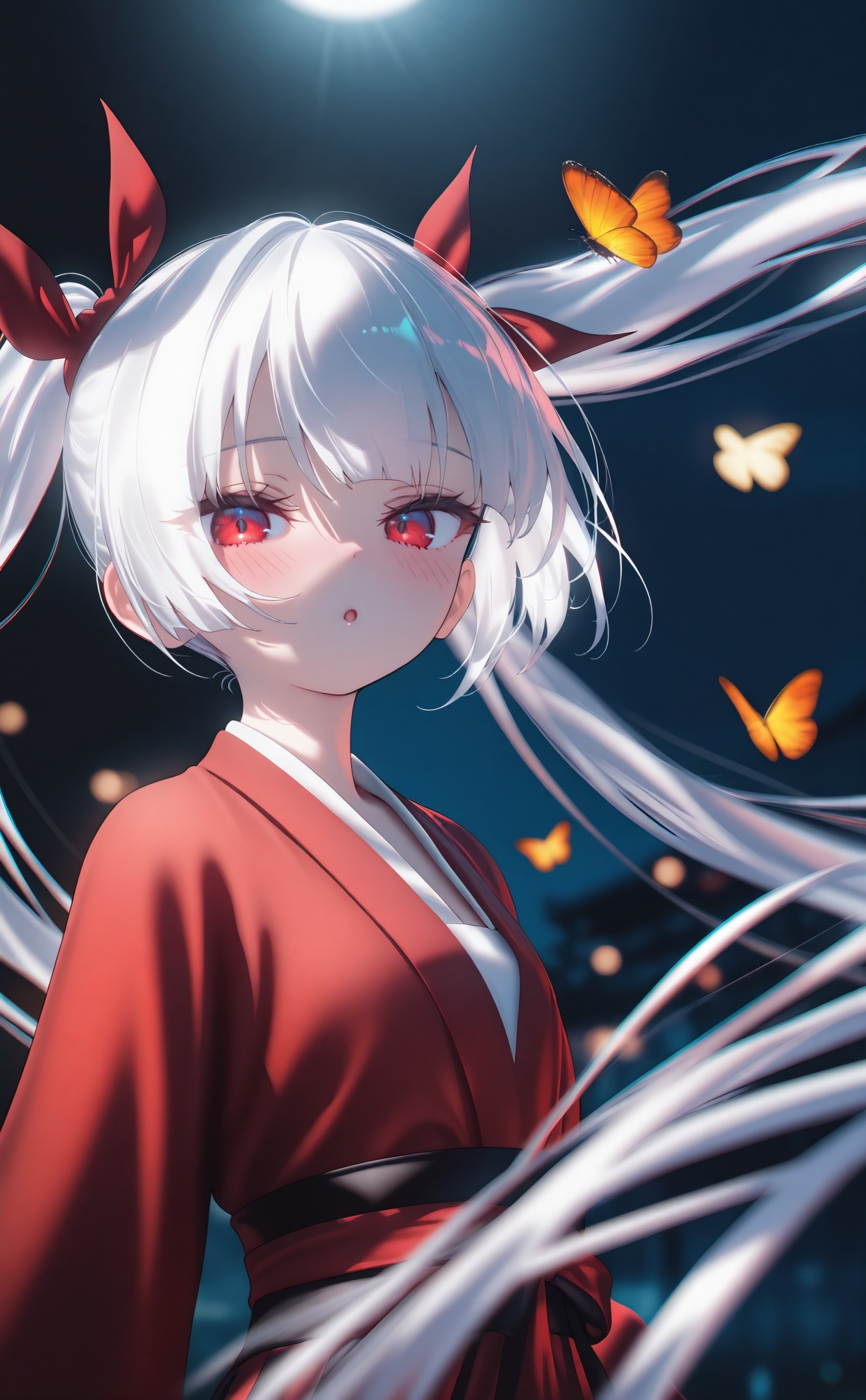 masterpiece,highres,absurdres,newest,best quality,high quality,loli,petite,chromatic_aberration,//,night,1girl,solo,long hair,looking at viewer,blush,bangs,red eyes,long sleeves,twintails,very long hair,upper body,white hair,hair bow,parted lips,hanfu,Red Hanfu,blurry,:o,floating hair,depth of field,animal,bug,butterfly,//,official art,depth of field,detailed light,blurry background,cinematic lighting,ray tracing,ultra detailed,god rays,backlighting,photo background,film grain,chromatic aberration,volumetric lighting,depth of field,blurry background,shiny skin,floating hair,cinematic lighting,day,very aesthetic,//,//,<lora:MAQ——【CKXL测试】hans:1>,