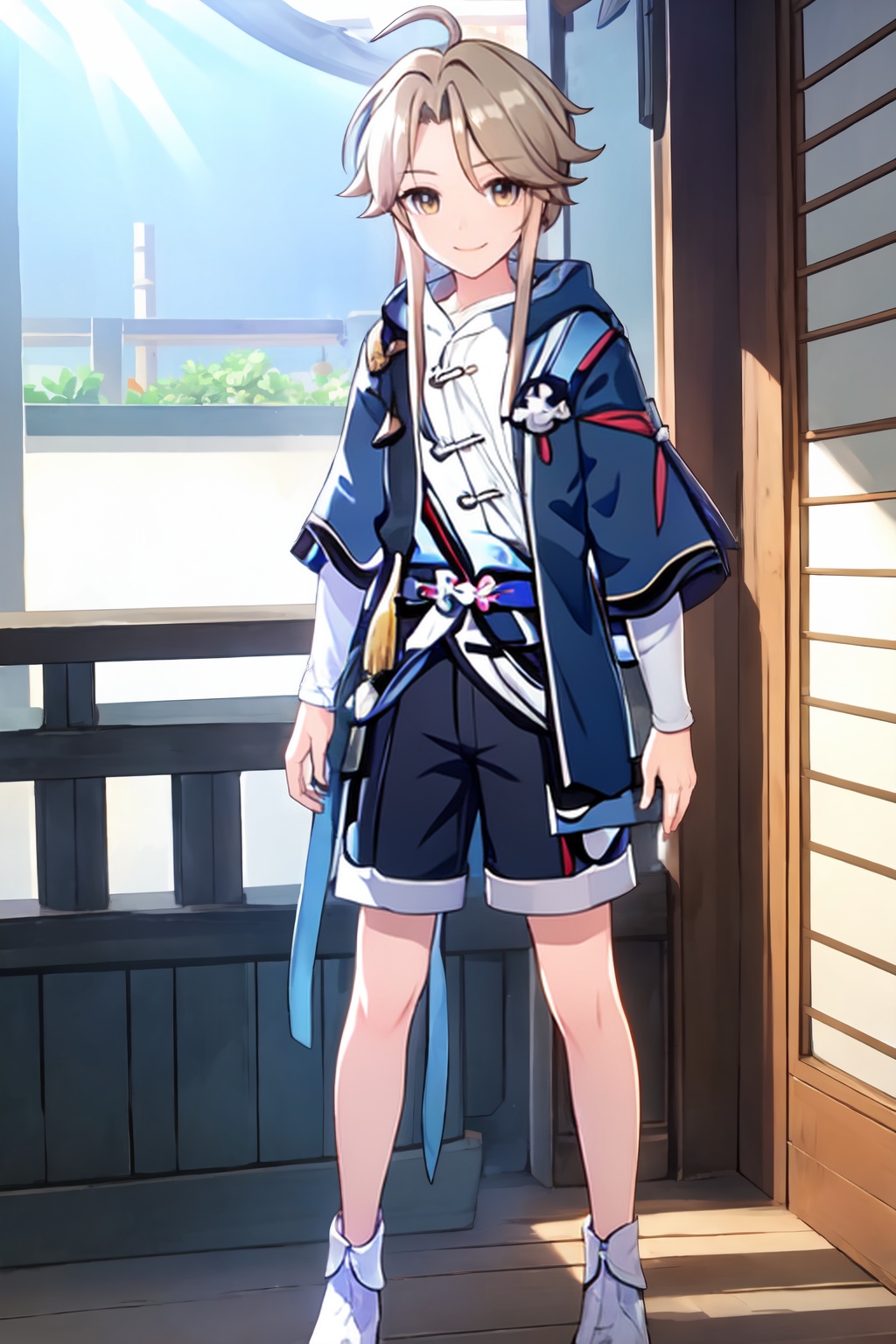 masterpiece,best quality,<lora:yanqing:0.8>,yanqing,1boy,solo,male focus,looking at viewer,sunlight,hoodie,shorts,(smile:0.8),