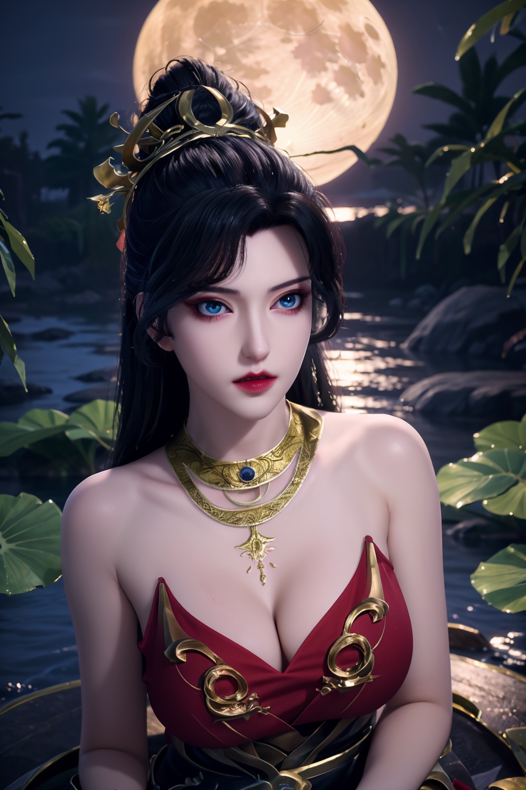 standing,dress,chinese clothes,flower,full_moon,moon,night,lily_pad,lotus,moonlight,nipples,water,night_sky,lily_\(flower\),sky,partially_submerged,1girl,solo,hair ornament,long hair,realistic,nail polish,photo_\(medium\),(big breasts, cleavage),makeup,(8k, RAW photo, best quality, masterpiece:1.2),(realistic, photorealistic:1.3),ultra-detailed,extremely detailed cg 8k wallpaper,(crystalstexture skin:1.2),extremely delicate and beautiful,(sexy pose:1.2),chinese dress,