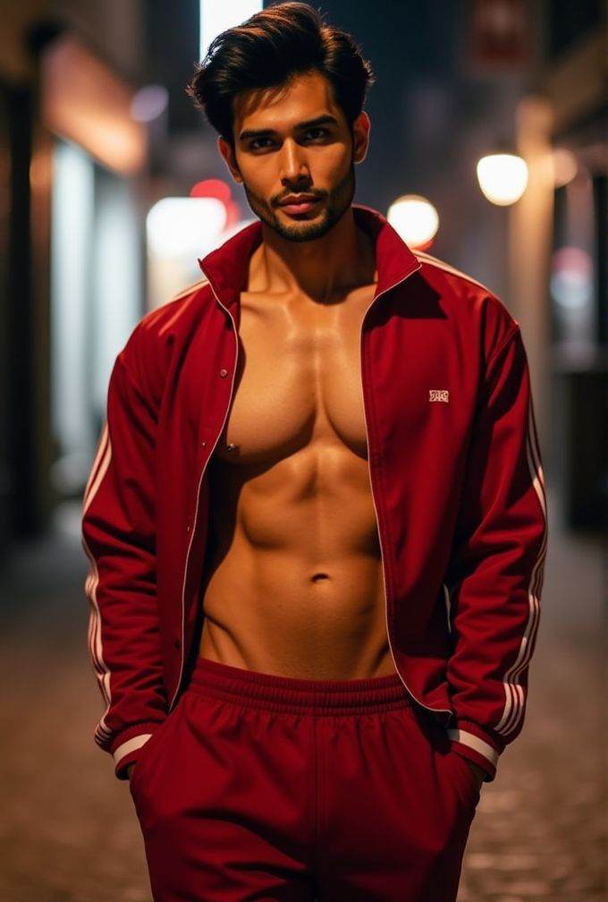 Rohit Khandelwal ,  realistic photo in a worn ((skin-revealing skimpy erotic red tracksuit,  massive pecs)) on Tensor.Art
