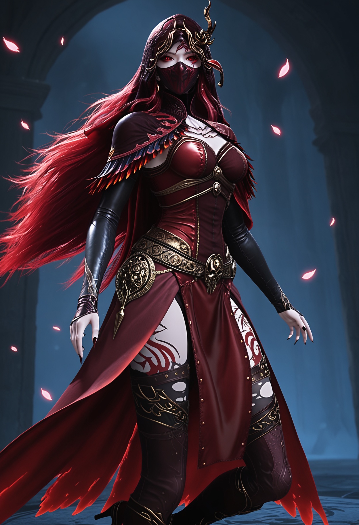 (upper_body:1.2),(looking at viewer:1.1),masterpiece,(best quality),smog,Dark room,dim lighting,peach blossom,falling petals,<lora:YQ_Illustrious光辉v5_马小桃_服装2_V1:0.8>,q1528437228,1girl,solo,long hair,red hair,red eyes,dress,cape,belt,boots,jewelry,red dress,thighhighs,earrings,colored sclera,black sclera,high heels,torn clothes,tattoo,red cape,ascot,brown eyes,facial mark,gloves,armor,helmet,horns,glowing eyes,red sclera,thigh boots,high heel boots,white ascot,cloak,black footwear,mouth mask,mask,hood up,veil,hood,