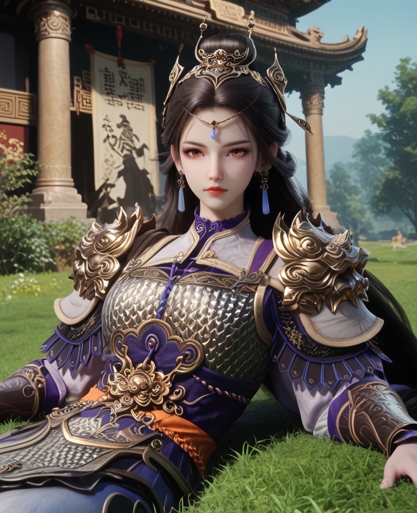 (oriental architecture, elegant decor, sophisticated style:1.1),(Lying on a grassy meadow, making a daisy chain, with a bright and playful expression,:1.1),(breasts:1.2),<lora:XL16牧神记虞渊初雨:0.95>,female general,white armor,orange eyes,forehead pendan,black hair,very long hair,half-up braid with long cascading hair,earrings,pauldrons,vambraces,sash,faulds,purple cape,jambeau,, score_9,score_8_up,score_7_up,score_6_up,score_5_up,score_4_up,3d rendering,tag1,tag2, Cinematic Lighting,backlighting,