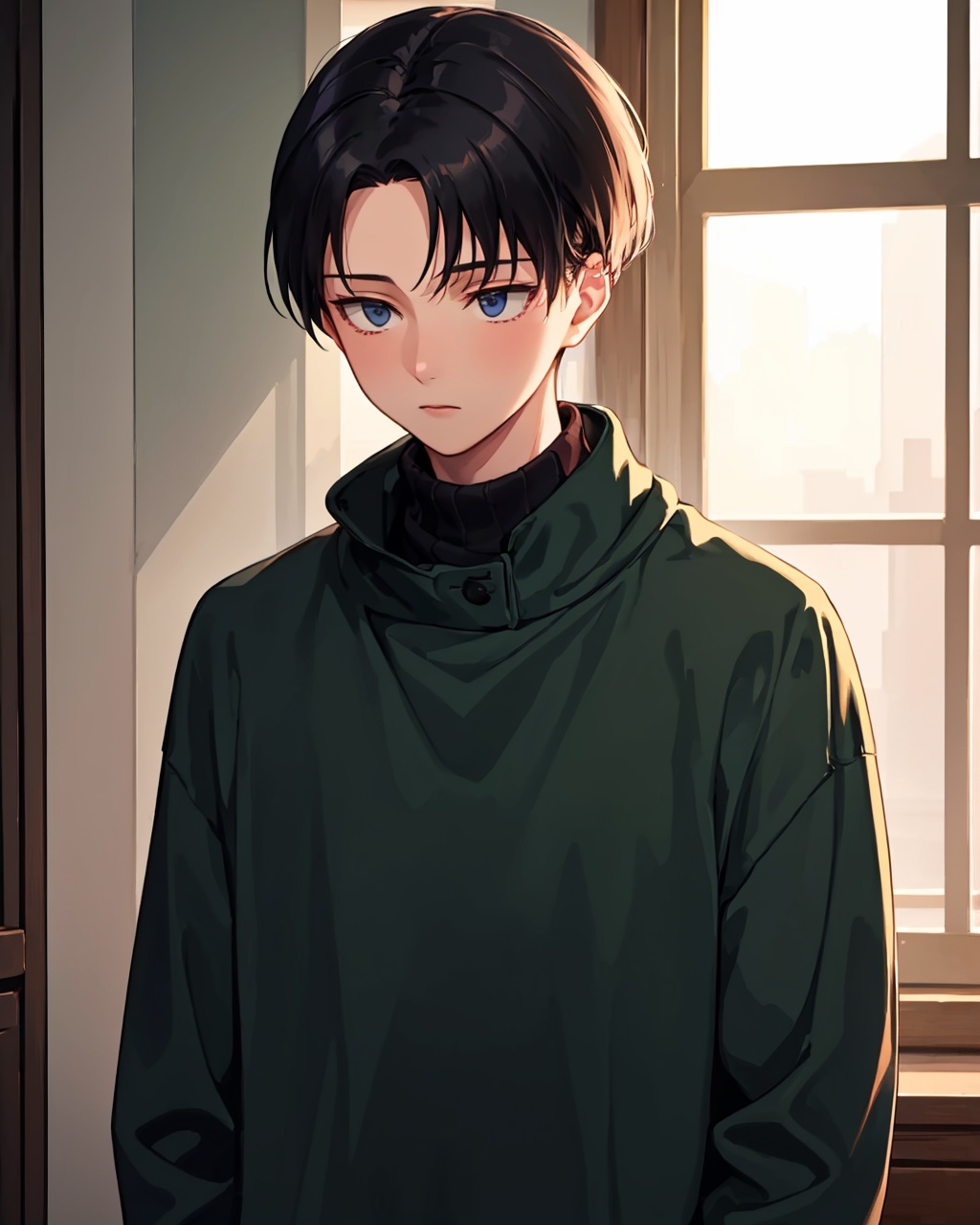 masterpiece,best quality, highly detailed, levi (shingeki no kyojin), sweater, turtleneck, 1boy, 1girl, closed mouth, upper body, looking away, window,<lora:levi_(shingeki_no_kyojin):1>
