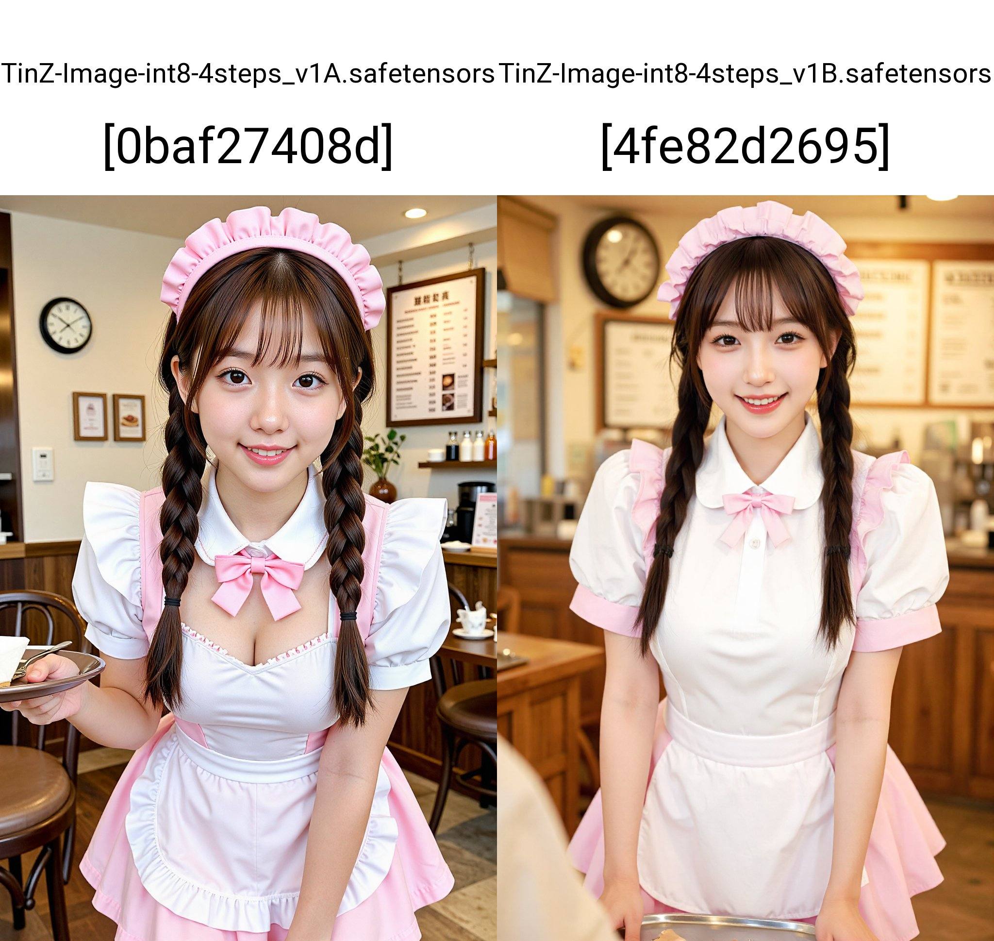 一张中近景照片,  一位年轻的东亚女性身着一套迷人的粉彩色系女仆装。她身材纤细,  肤色白皙 on Tensor.Art