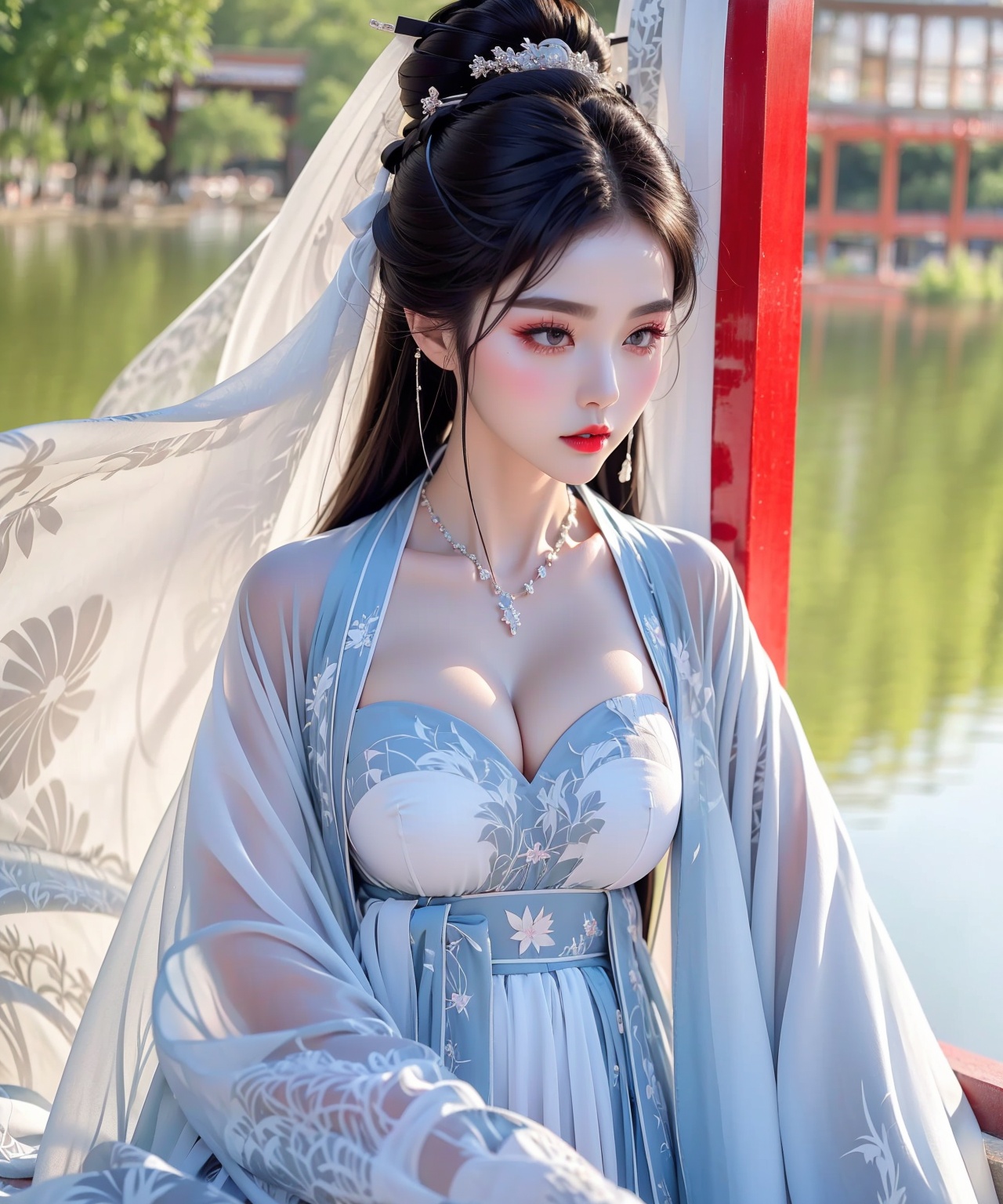 1girl,jewelry,red_lips_,lipstick,applying_makeup,diamond drop earrings,eye makeup,black hair,hanfu,chest,cleavage,<lora:汉服男女吊带1.1:0.8>,upper_body,solo,close-up,<lora:汉服眼妆1.3:0.6>,