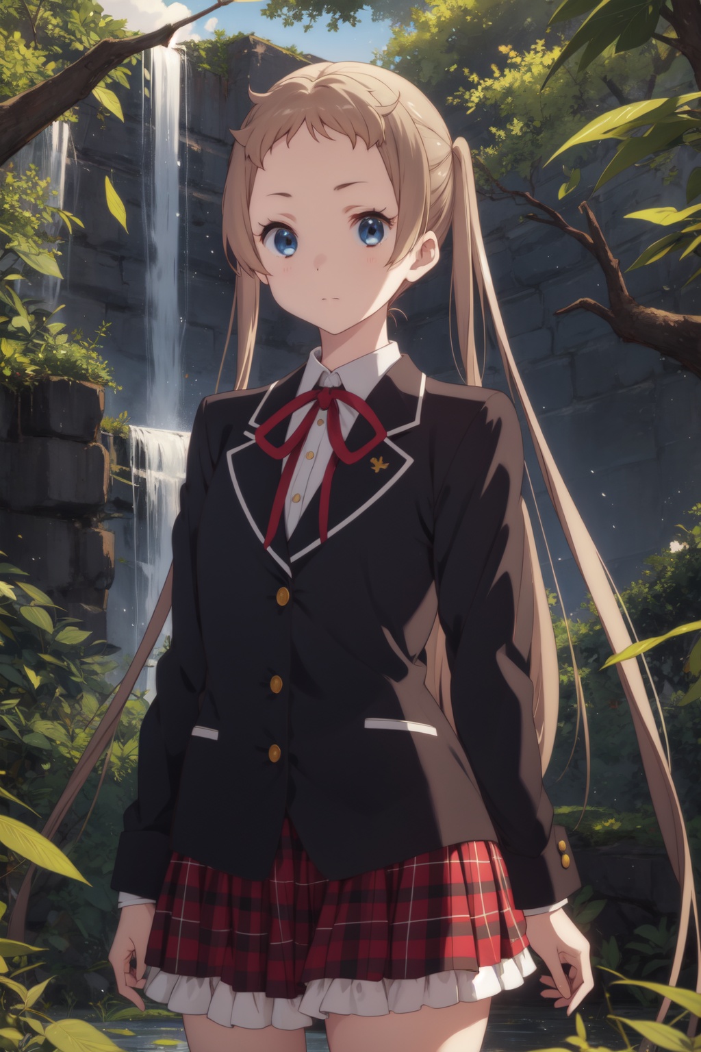 <lora:Sanae-000014:0.8>,Sanae CYQL,1girl,looking at viewer,solo,blonde hair,very long hair,long hair,twintails,brown hair,blue eyes,school uniform,ribbon,jacket,skirt,plaid skirt,plaid,sad,full_shot,Rainforest, Trees, Foliage, Undergrowth, Waterfall, Humidity, Wildlife, Canopy,(Enchanted trees, Fireflies, Glowworms, Magic atmosphere, Twilight hues, Whispers of the forest:0.5),beautiful detailed sky,beautiful detailed glow,posing in front of a colorful and dynamic background,masterpiece,best quality,beautiful and aesthetic,contrapposto,female focus,wallpaper,