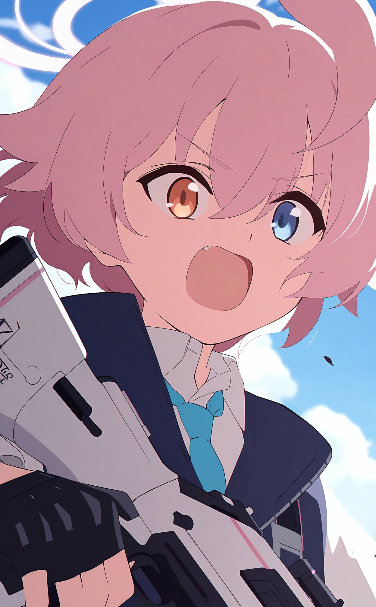 masterpiece,best quality,high quality,1girl,hoshino_\(blue_archive\),shotgun,weapon,heterochromia,halo,short_hair,blue_eyes,holding_weapon,fingerless_gloves,shirt,pink_hair,solo,holding,ahoge,open_mouth,gloves,blue_necktie,necktie,white_shirt,gun,black_gloves,vest,long_sleeves,yellow_eyes,holding_gun,collared_shirt,hair_between_eyes,sky,blue_sky,looking_at_viewer,pink_halo,cloud,upper_body,v-shaped_eyebrows,blue_vest,black_vest,blurry_background,cloudy_sky,day,puffy_long_sleeves,blurry,orange_eyes,huge_ahoge,outdoors,:o,puffy_sleeves,//,<lora:BA——【noob】hans:1>,