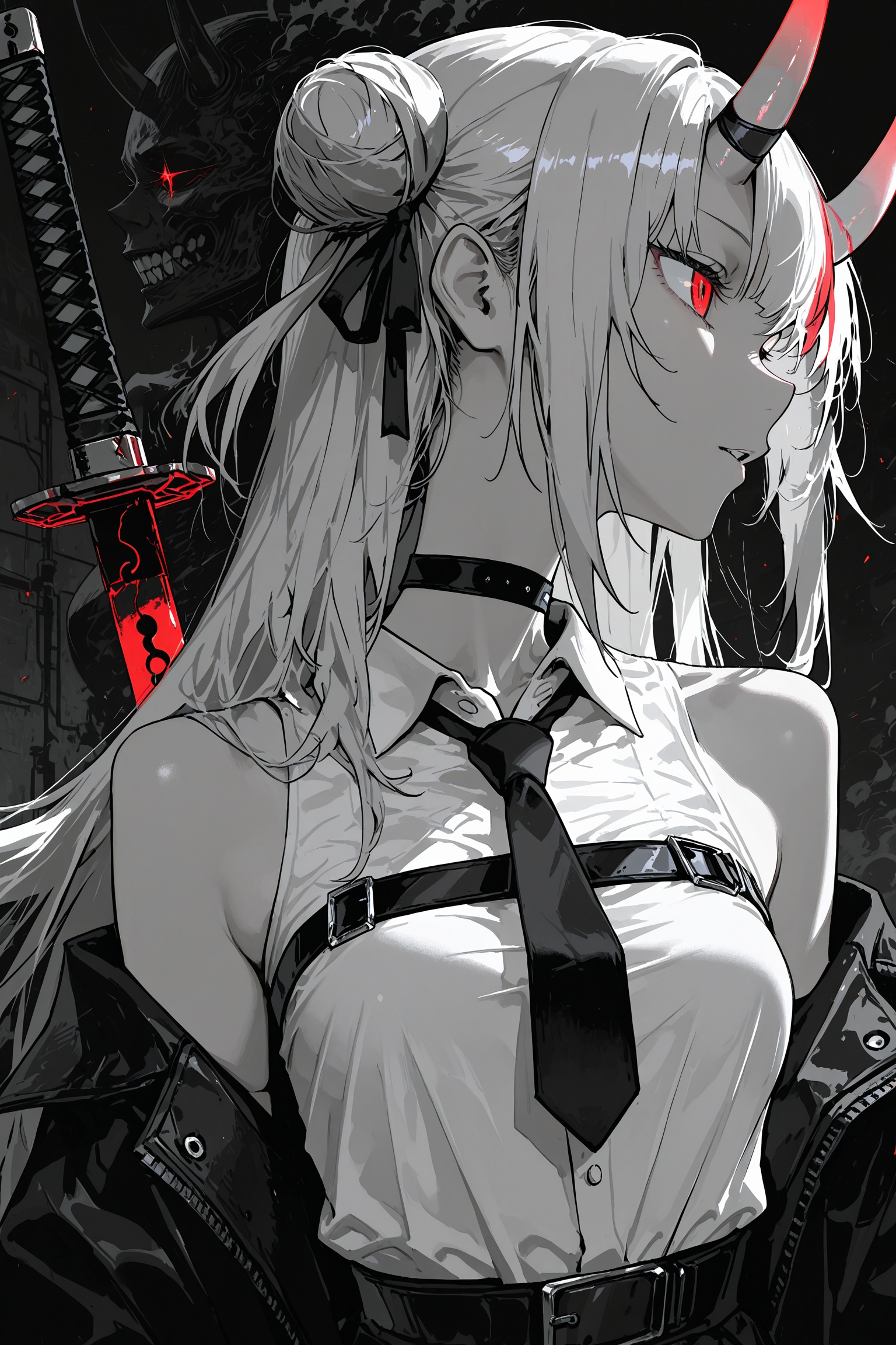 masterpiece,absurdres,newest,perfect quality,best quality,absolutely eye-catching,limited_palette,dynamic_composition,dynamic_pose,foreshortening,cinematic,gouache,impasto,textured_brushstrokes,anime_coloring,chromatic_aberration,1girl,solo,glares,Nakiri_Ayame,hololive,oni_horns,long_hair,small_breasts,double_bun,red_eyes,tsurime,hair_ribbon,x_hair_ornament,white_shirt,sleeveless_shirt,chest_belt,black_necktie,black_jacket,open_jacket,off_shoulder,black_choker,white_thighhighs,blood_katana,(weapon_aura:0.9),NakiriAyame,reverse_grip_weapon,(close-up),upper_body,from_side,profile,outpost,sensitive,