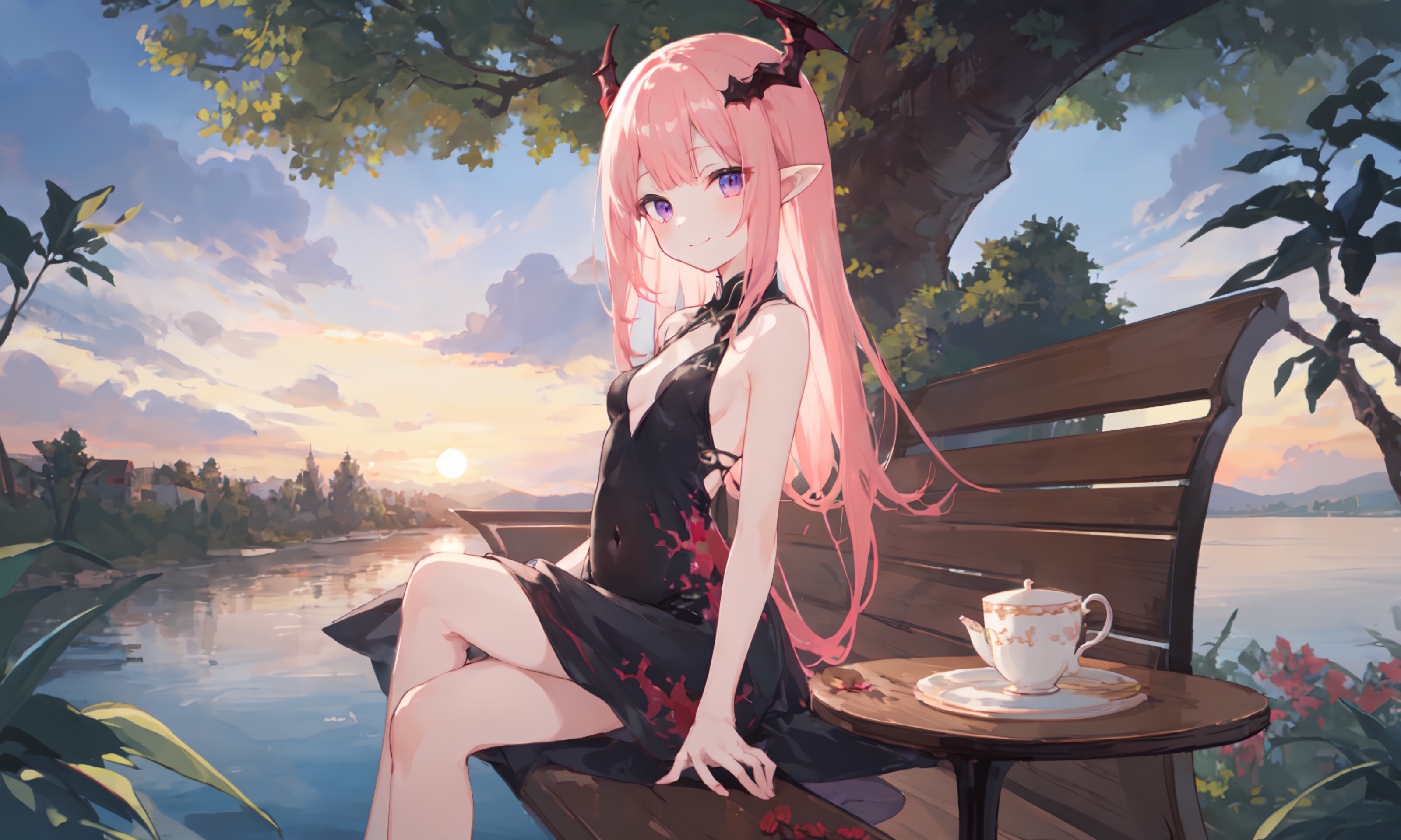 1girl wings tail dragon-tail solo wings dragon-horns long-hair pointy-ears side-up dragon-wings cup pink-hair purple-eyes...