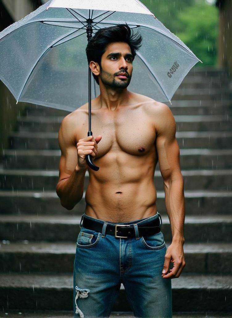 Rohit Khandelwal ,  stands on a large stone staircase,  the rainwater cascading on the steps. He holds a transparent umbre...