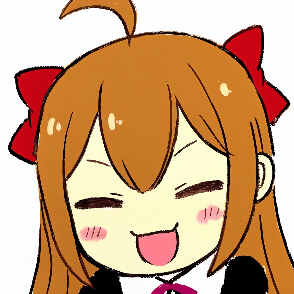 1girl,    solo, frilled bow, ^_^, closed eyes, long hair, bow, open mouth, brown hair, ahoge, blush, portrait, v-shaped eyebrows, facing viewer, closed mouth, :d, smile, red eyes, red bow, yukkuri shiteitte ne, simple background, white background, hair bow, hair between eyes, sidelocks, frilled hair tubes, frills, head tilt, happy, no nose, hair tubes, :3, masterpiece, best quality,  safe