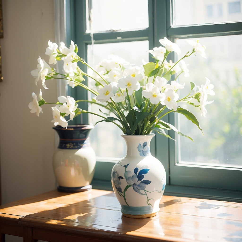 window, (Chinese painting), ((close-up)), white perfume lily, no humans,traditional media,vase, scenery,shadow,still life,leaf,painting,medium,indoors  <lora:窗台:0.8>