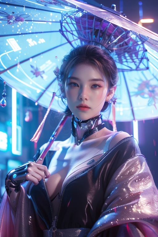 a beauty,light pink,colorful,dopamine,Cyberpunk beauty,, umbrella,<lora:20240218-1708234260649:0.7>, <lora:lora_美女大胸写实:0.4>, <lora:meinv123:0.6>