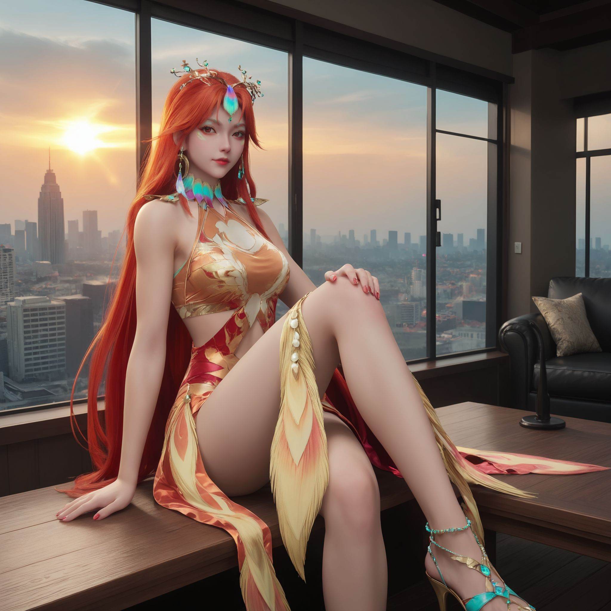 score_9_up,1girl,solo,sitting,window,frills,sky,cloud,indoors,cityscape,closed_mouth,sunset,looking at viewer, <lora:沧元图-柳七月-凤凰Pony:0.6>,long,flowing red hair,a vibrant,flowing skirt adorned with large,colorful,peacock-like feathers in shades of green,blue,and gold,cascading down her right side.,