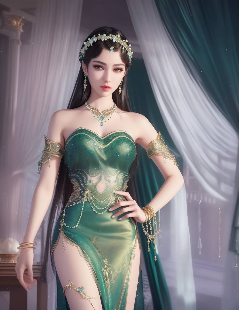 ultra realistic 8k cg, picture-perfect face, flawless, clean, masterpiece, professional artwork, famous artwork, cinematic lighting, cinematic bloom, perfect face, beautiful face, fantasy, dreamlike, unreal, science fiction,  beautiful clothes, lace, lace trim, lace-trimmed legwear,  (rich:1.4), prestige, luxury, jewelry, diamond, gold, pearl, gem, sapphire, ruby, emerald, intricate detail, delicate pattern, charming, alluring, seductive, erotic, enchanting, hair ornament, necklace, earrings, bracelet, armlet,halo((,1girl, pov,))(((,  1girl,  solo,looking at viewer, ))),(((1girl, solo, dress, jewelry)))<lora:DA_WhiteSnakeGreenSnake:0.8>