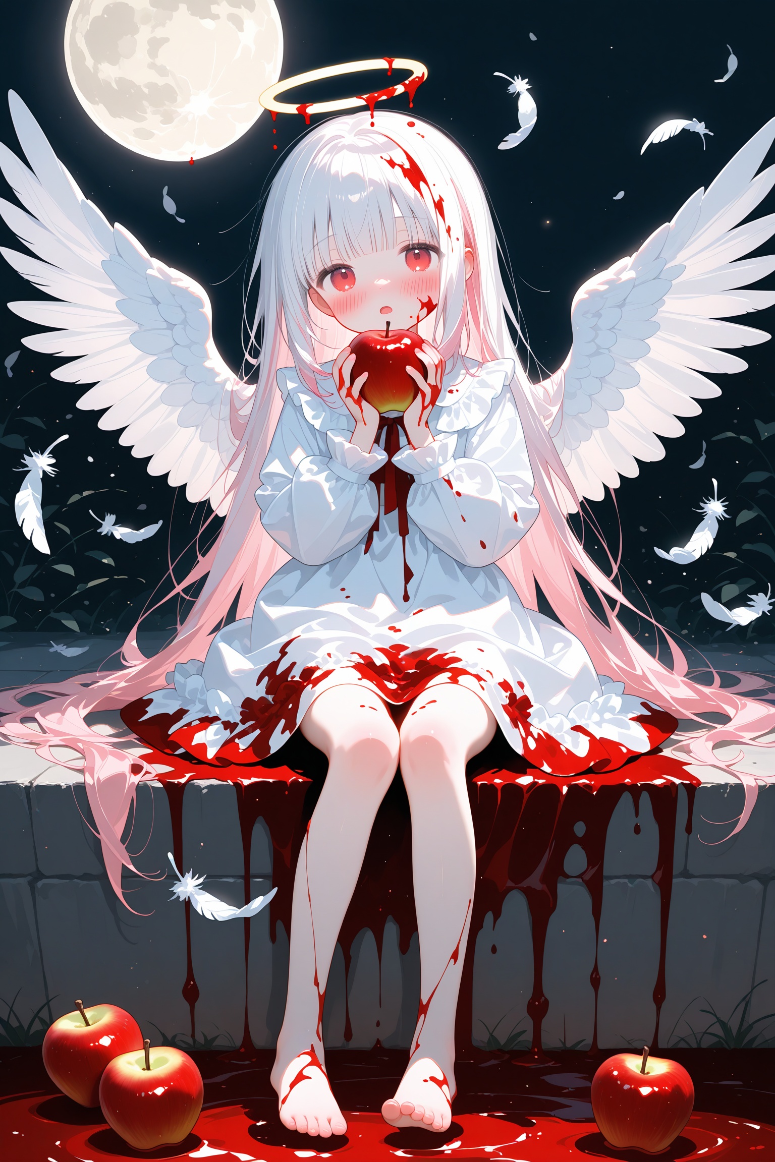 loli 1girl wings solo halo barefoot long hair food feathers blood dress feathered wings sitting white dress angel wings holding food red eyes blood on clothes holding fruit fruit chain angel feet pink hair moon holding apple blood on face looking at viewer toes full moon white wings blush bangs child very long hair female child night long sleeves full body open mouth cuffs bare legs legs blood on hands white hair blunt bangs frills blood in hair white,