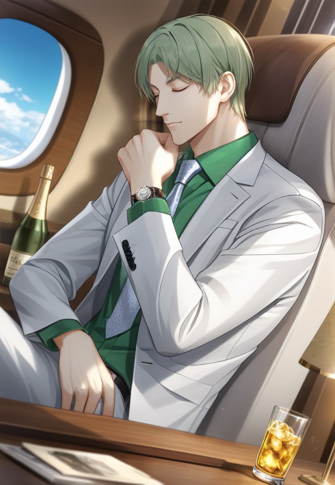 (best quality), ((masterpiece)), (highres), illustration, original, extremely detailed,   <lora:光与夜之恋同人人物篇:0.7>cls, watch, 1boy, male focus, drinking glass, solo, shirt, cup, wristwatch, green shirt, short hair, bottle, indoors, sitting, formal, long sleeves, collared shirt, closed eyes, necktie, closed mouth, jacket, white jacket, suit, window, alcohol, wine bottle