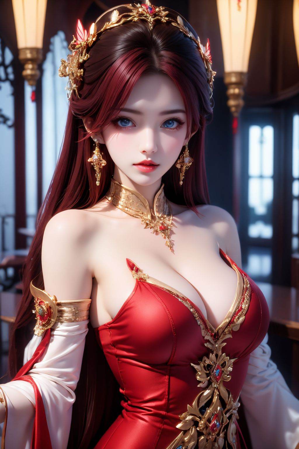 <lora:20250818_AgainAnimeGirlLora9:1>, 1girl, jewelry, breasts, dress, solo, red hair, long hair, building, earrings, red dress, cleavage, blue eyes, parted lips, looking at viewer, hair ornament, butterfly, detached sleeves, bug, upper body