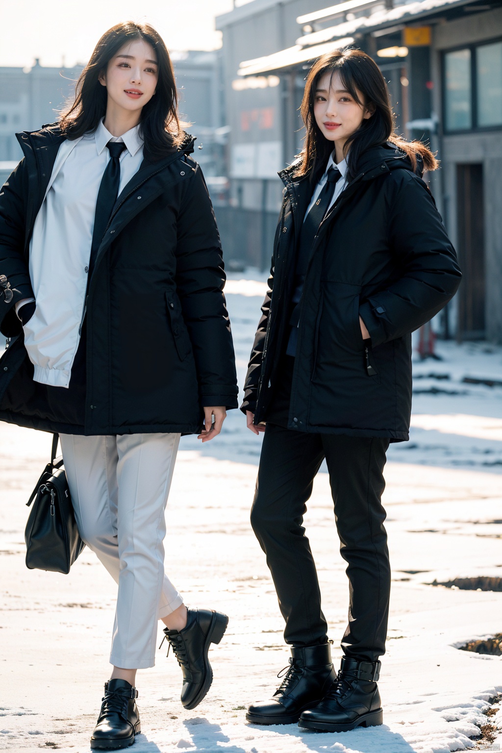 fullbody,2 people,1 girl, 1 boy,crazy smile,Studio Lighting,Wear the same Black parka,(Middle length Black parka:1.3),Slim fit parka,White shirt,Appear thin,necktie,Black pencil pants,Good lightingBy Lake Baikal,Snowy scenery,Black socks,Heavy snow is falling profusely,Bright sunshine,standing, Winter Lake Background,The dazzling sunshine at noon(8k, RAW photo, best quality, masterpiece:1.2),(realistic, photo-realistic:1.37),photon mapping,professional lighting,radiosity,trousers,Simple background,mature female,Mature males,Cusp high-heeled shoes,High top leather shoes,(in winter:1.3),(photorealistic:1.2),(film grain:0.2),((Depth of field)),spoken flying sweatdrops,official art,Best quality,masterpiece,((photorealistic:1.4)),extremely delicate,intricate details,best shadow,HD photos,slr,8k,hyperdetailed,(soft light), standing,rich in detail,(exposure blend:1.3)<lora:EMS-90581-EMS:0.300000>, <lora:EMS-360109-EMS:0.800000>