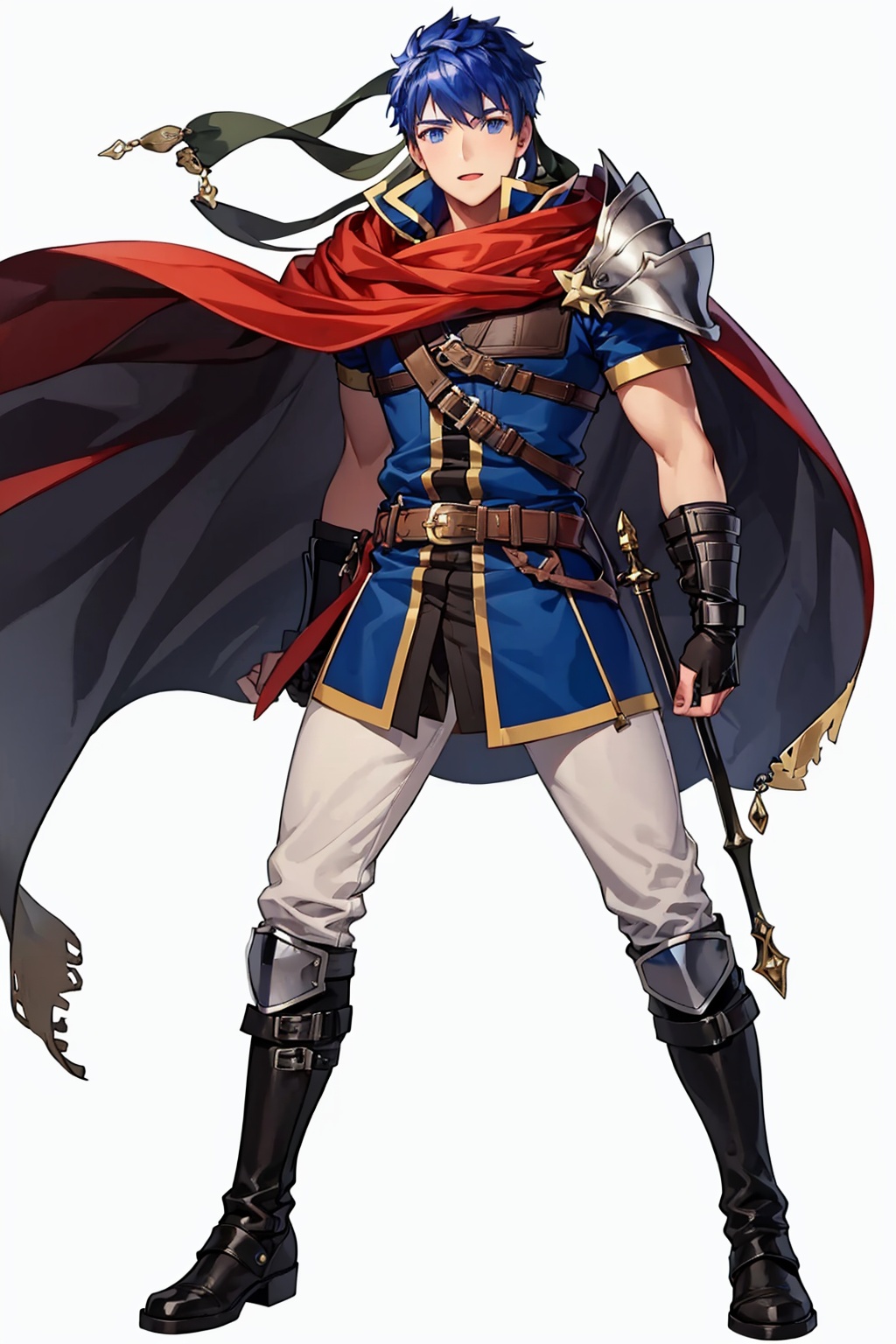masterpiece,best quality, highly detailed, 1boy,armor,cape,ike (fire emblem),male focus,simple background,solo,fingerless gloves,belt,white background,boots,full body,<lora:ike_(fire_emblem):1>