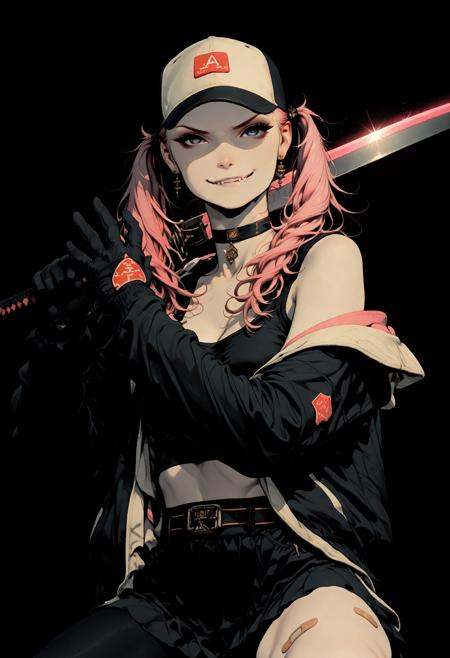 masterpiece, detailed_eyes, high_quality, best_quality, highres, absurdres, 8k, subject_focus, depth_of_field, flat color,, girl shouldering a large sword, 1girl, standing, fighting pose,  weapon in both hands, sword, solo, hat, jacket, long hair, holding sword, earrings, gloves, jewelry, looking at viewer, baseball cap, blue eyes, dynamic pose, foreshortening , detailed shadows, cinematic lighting, sango, aacoral, multicolored hair, pink hair, twintails, hair ornament, bandaid, black eyes, smirk, fang, choker, off shoulder, black shirt, long sleeves, sleeves past wrists, midriff, belt, black skirt, asymmetrical legwear, single leg pantyhose, ready to attack pose, upper body, cinematic anglesinozick style, flat color, dark theme, in the style of cksc, illustration, masterpiece, (extremely detailed CG 8k), (very fine 8K CG), (ultra detailed perfect piece:1.2), lat color, no lineart,,(no lineart, flat art style:1.0), NO_LINE_ART, comical, simple, <lora:Sinozick_Style_XL_Pony:0.35> <lora:NOOB_vp1_detailer_by_volnovik_v1:1> <lora:ponyv6_noobV1_2_adamW:0.9> <lora:ck-shadow-circuit-IL:1>