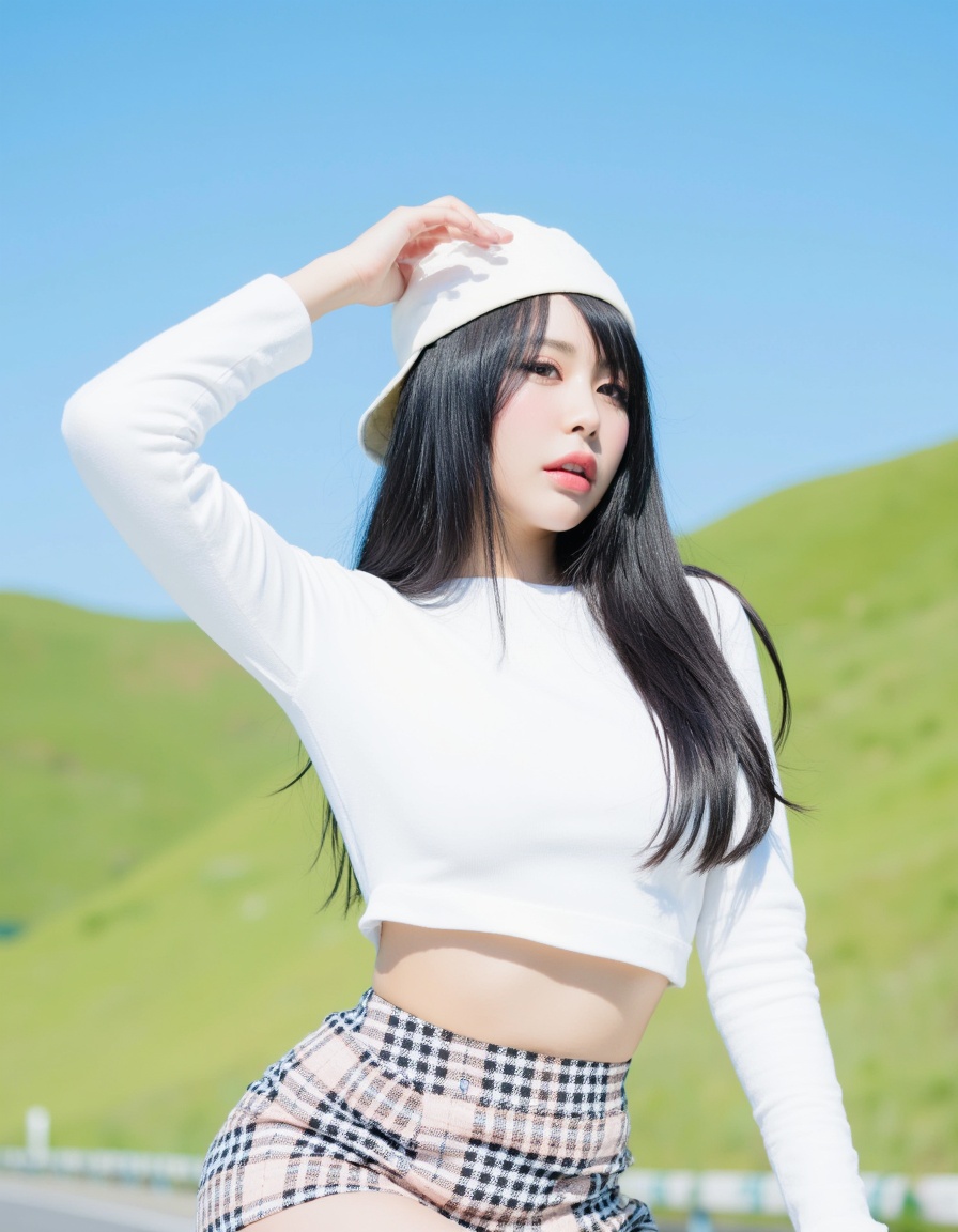 A photograph of a young Asian woman with long,straight black hair,wearing a white,long-sleeved crop top and a short,plaid skirt. She is outdoors on a sunny day with a clear blue sky and green grassy hills in the background. She has a slim physique and is posing confidently,one hand on her head,the other resting on her thigh. Her expression is neutral,and she wears a white cap. The image is bright and vivid,capturing a casual,summery vibe,