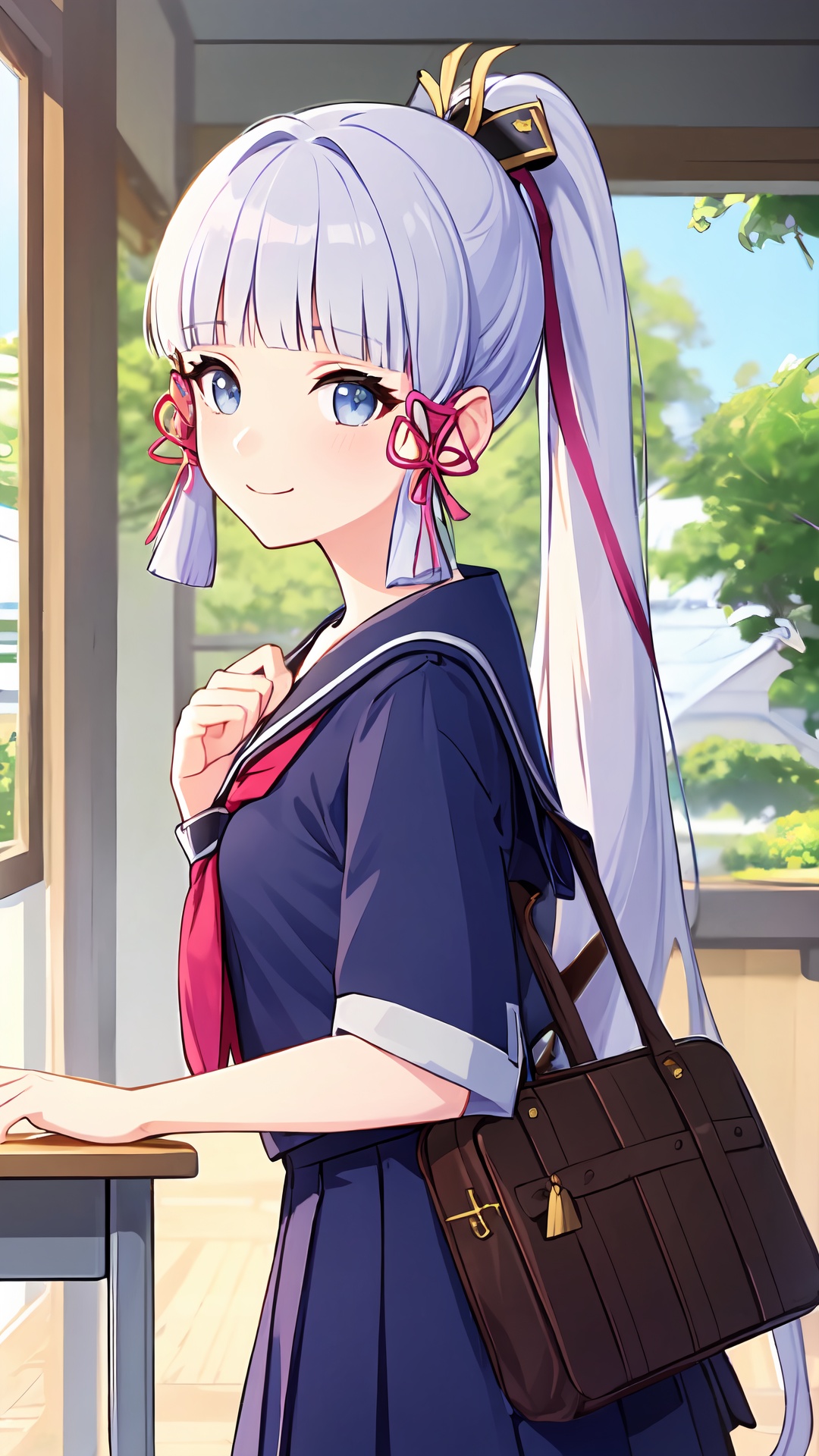 masterpiece,high quality,best quality,hires,ayaka,kamisato ayaka,1girl,solo,bangs,blunt bangs,sidelocks,long hair,hair ribbon,ponytail,hair ornament,grey eyes,tress ribbon,ribbon,<lora:ayaka:0.7>,serafuku,perfect face,very beautiful eyes,stars in the eyes,eyelashes,looking at viewer,blush,smile,standing,from side,classroom,school_desk,school_bag,book,book_stack,