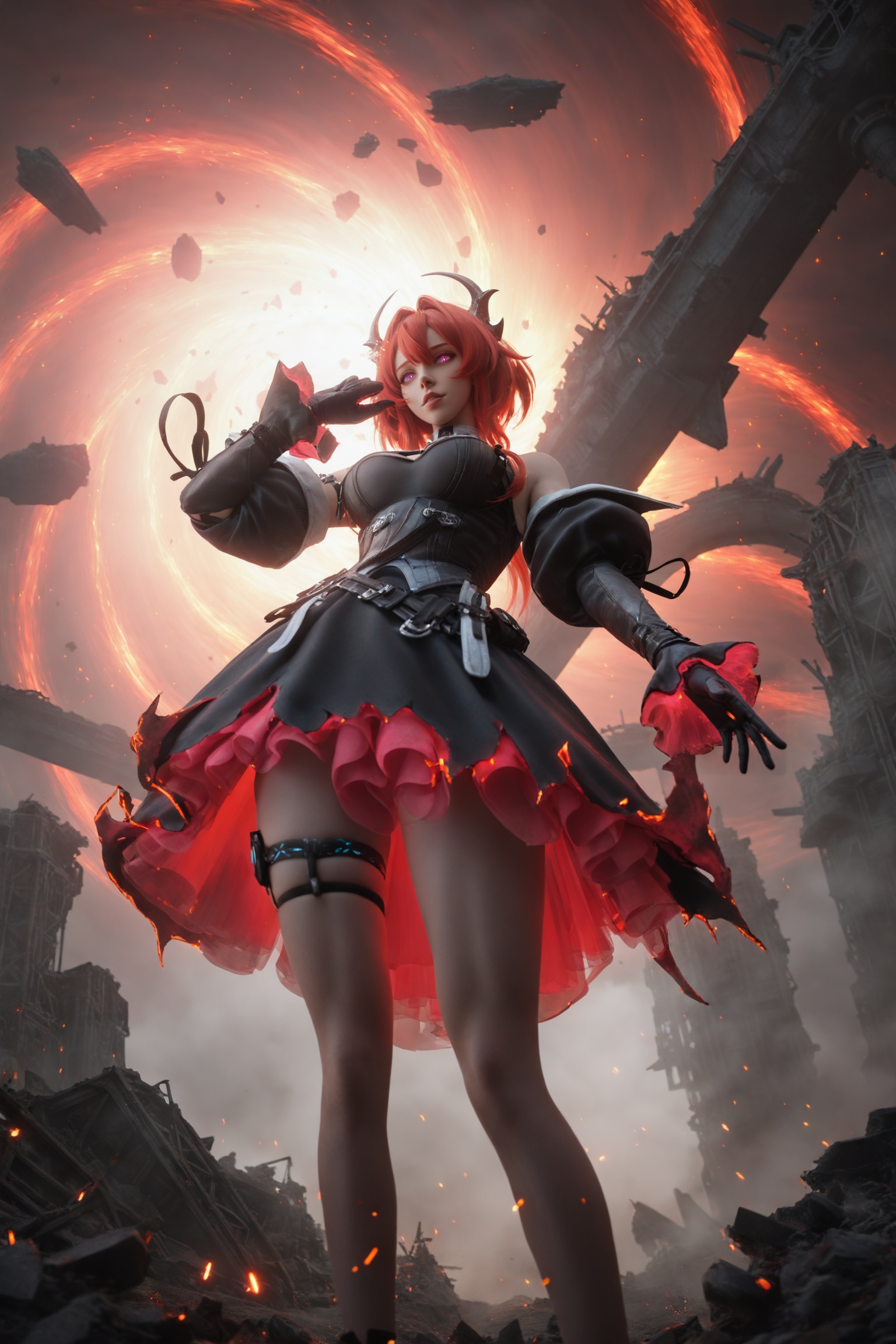 masterpiece,best quality,game cg,aritist:wlop,aritist:RyanReos,aritist:zoh,(artist:nianbingzi:0.4),zoh,<lora:jijia-gnoobv-Tanger-000014:0.5>,jijia,3d,CG,1girl,torn clothes,parted lips,looking at viewer,from below,realistic,(standing in a swirling vortex of crystalline energy:1.2), mechanical ruins, industrial wasteland, floating debris, glowing sparks, (massive sci-fi turbines in the background:0.8), glowing red crystalline structures emerging from the ground, heavy atmosphere, cinematic lighting, realistic, hyper-detailed, intricate mechanical parts, (shattering glass effects:0.7), dynamic pose, embers, volumetric fog, rim lighting, (high contrast:1.1), ray tracing, 8k resolution, Unreal Engine 5 render style.<lora:Laevatain-will-Tanger-000013:0.7>,Laevatain \(Arknights: Endfield\),devil girl,Laevatain's horns,clothes: Laevatain def black dress,1girl,gloves,purple eyes,red hair,