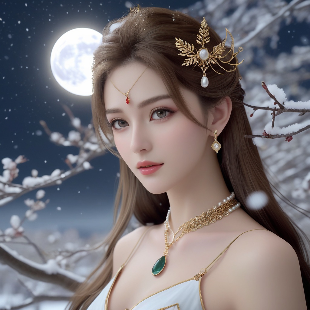 <lora:648-DA-XL-遮天-狠人大帝:0.8>(,1girl, ,best quality, ),looking at viewer,  ultra realistic 8k cg, picture-perfect face,   clean, masterpiece,     cinematic lighting, cinematic bloom, fantasy,  , unreal, science fiction, ((,1girl, pov,))(((,tree, 1girl, full moon,snowing,snow ,solo,     solo focus,  long_hair, looking_at_viewer,  )))  (rich:1.4,)     prestige, luxury, jewelry, diamond, gold, pearl, gem, sapphire, ruby, emerald, intricate detail, delicate pattern, charming, alluring, seductive, erotic, enchanting, hair ornament, necklace, earrings, bracelet, ,
