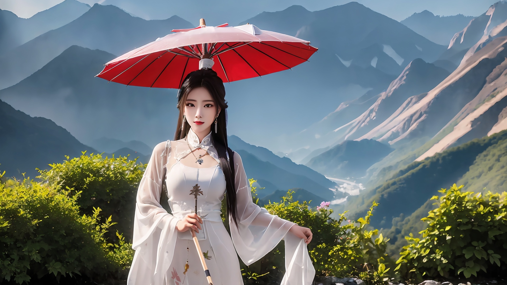 1girl,umbrella,solo,dress,white dress,holding umbrella,jewelry,long hair,black hair,holding,outdoors,chinese clothes,mountain,earrings,necklace,long sleeves,<lora:girl solo luxueqi_20240911015355:0.8>,